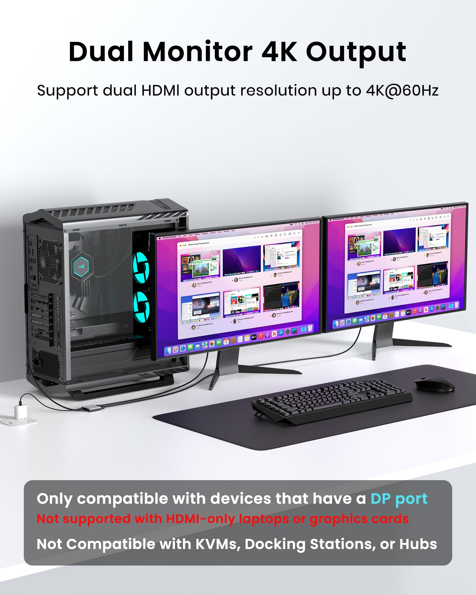 Adaptateur DisplayPort 4K 60 Hz vers double HDMI, répartiteur MST pour rallonge double moniteur, prend en charge le mode étendu et miroir, Plug and Play, câble d'alimentation USB inclus