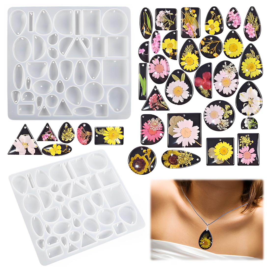 Moules En Silicone Pour Bijoux 48 Cavités - Résine Epoxy Pendentifs Colliers Avec Accessoires