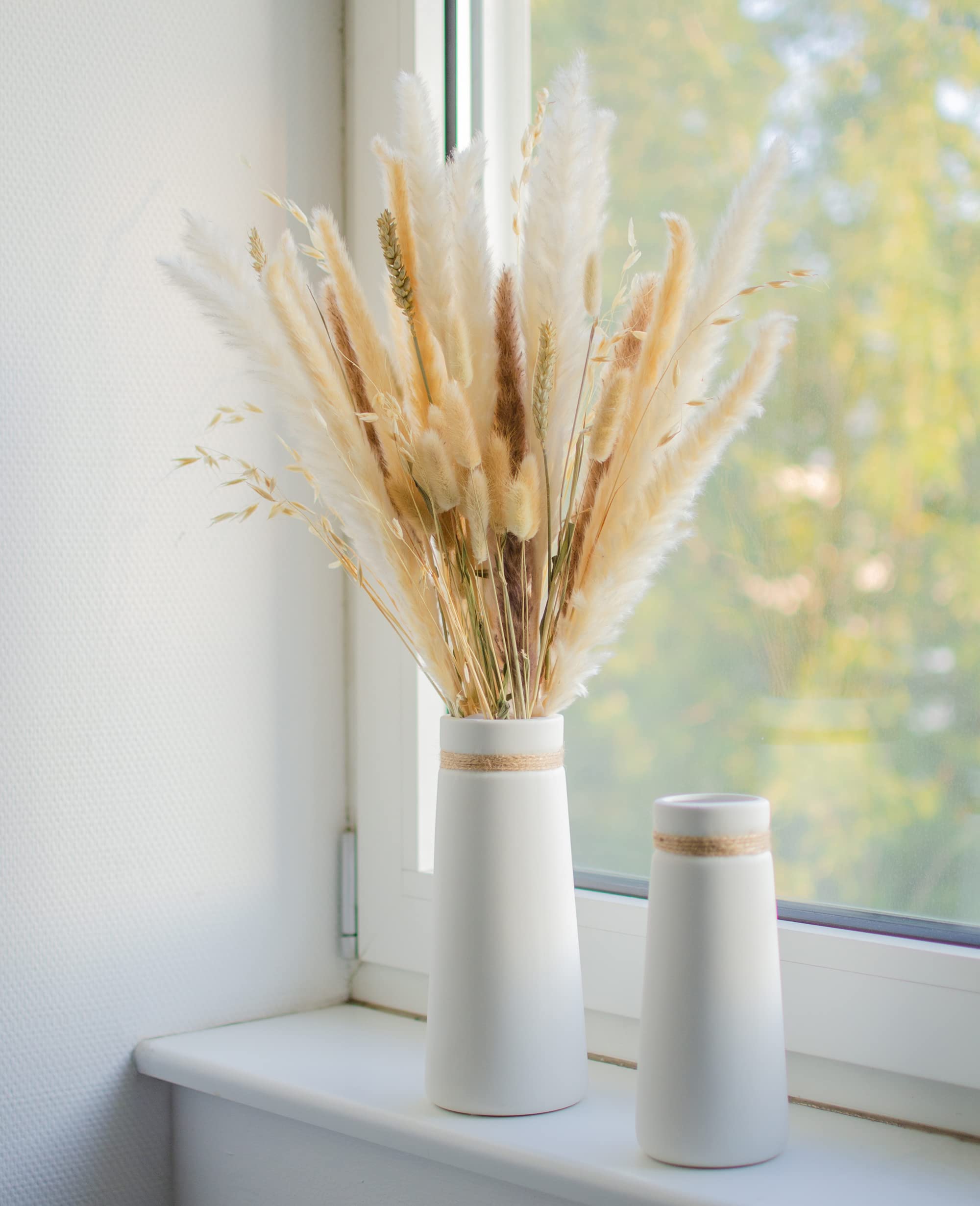 flature Vasi in Ceramica per Fiori stile Moderno Boho Deco, Set di vasi in Bianco, Decorazione per la casa Opaca anche per Fiori Secchi, adatto a Ufficio e Tavolo da Pranzo (Set di 2)