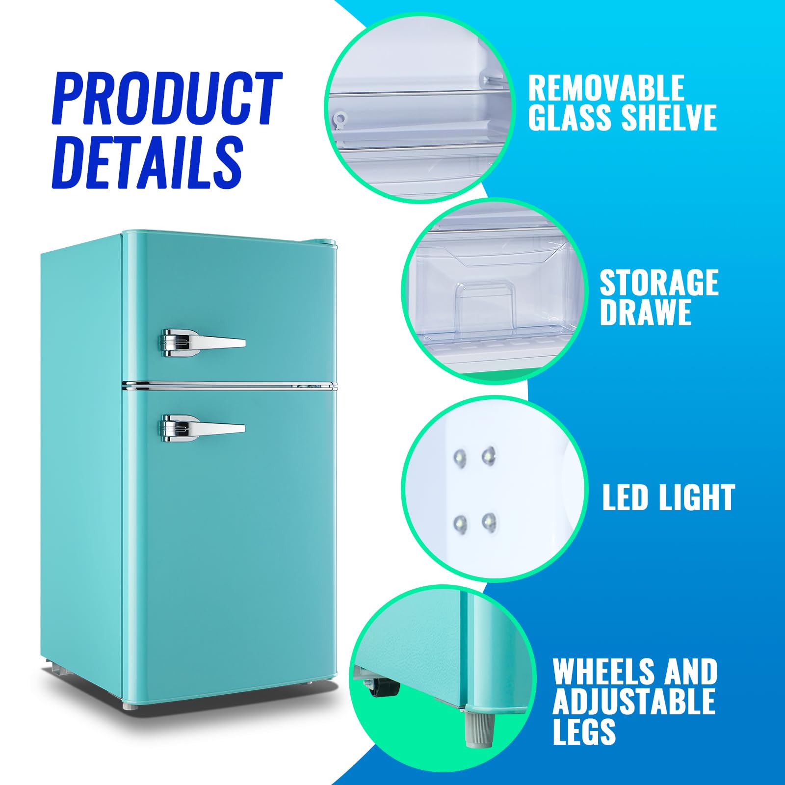 Small Refrigerator With Freezer Double Door Mini Fridge Adjustable Glass Shelves, Detachable Handle,7 Level Temperature Control Fridge For Dorm, Office, Apartment Blue on Fridge.com - View 3