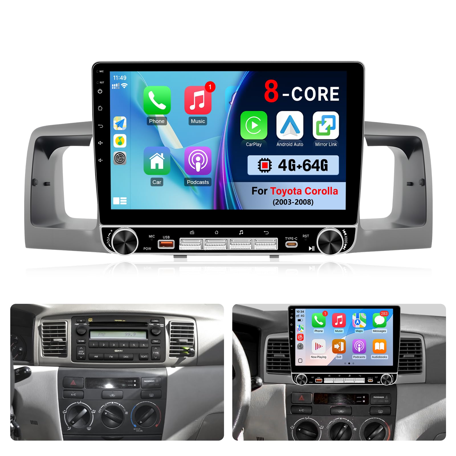 Photo 1 of KuTaiTai 4+64G Upgrade Car Radio for Toyota Corolla 2003 2004 2005 2006 2007 2008 with Carplay Android Auto 10.1" Touch Screen for Corolla Stereo with GPS Navi WiFi GPS BT FM SWC + MIC + Backup Camera