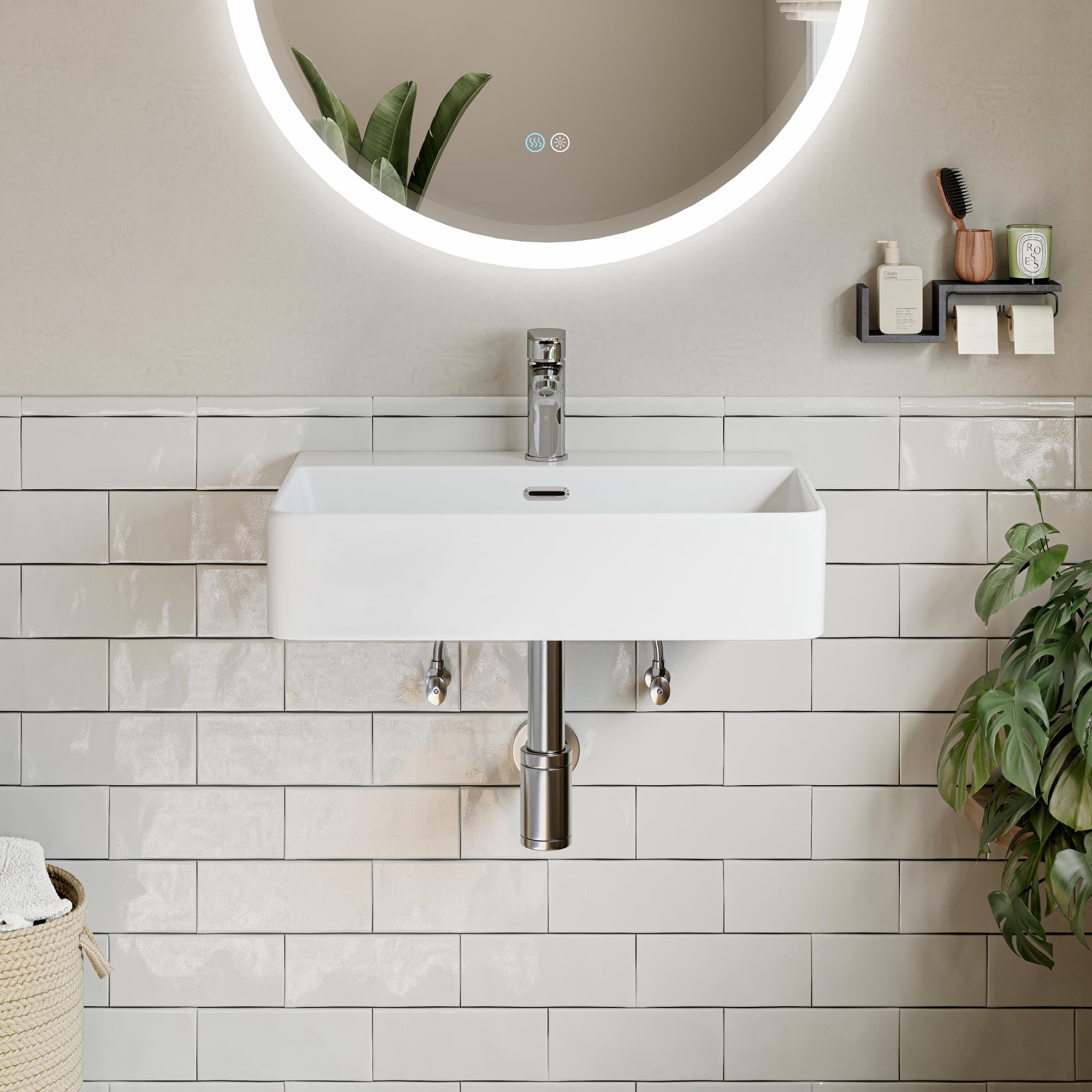 HOROW Lavabo da Appoggio 60 cm Lavandino Bagno Rettangolare Sospeso Moderno, Lavabo Bagno in ceramica con Un Foro per Rubinetto e Troppopieno