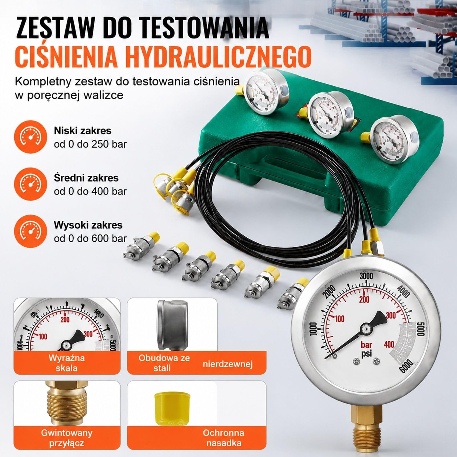 Zestaw do pomiaru ciśnienia hydraulicznego 250/400/600 bar, 3 manometry, 6 złączy, 3 węże, torba do koparek, ciągników, maszyn budowlanych