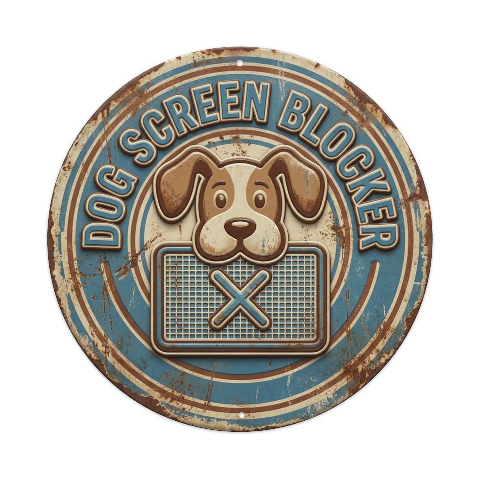 Vintage Dog Screen Blocker Woof Metal Tin Sign Plaque Wall Decor for Cafe, Club, Garden Round Metal Poster 8x8Inch