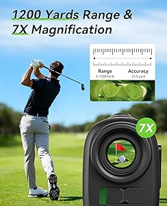 Hoorola Range Finder Golf, 1200 Yards Rangefinder with Slope, Magnetic Stripe, 7X Magnification, IP54 Water Resistant, Rechargeable Battery, Flag Pole Locking Vibration, Golf Accessories for Men Women