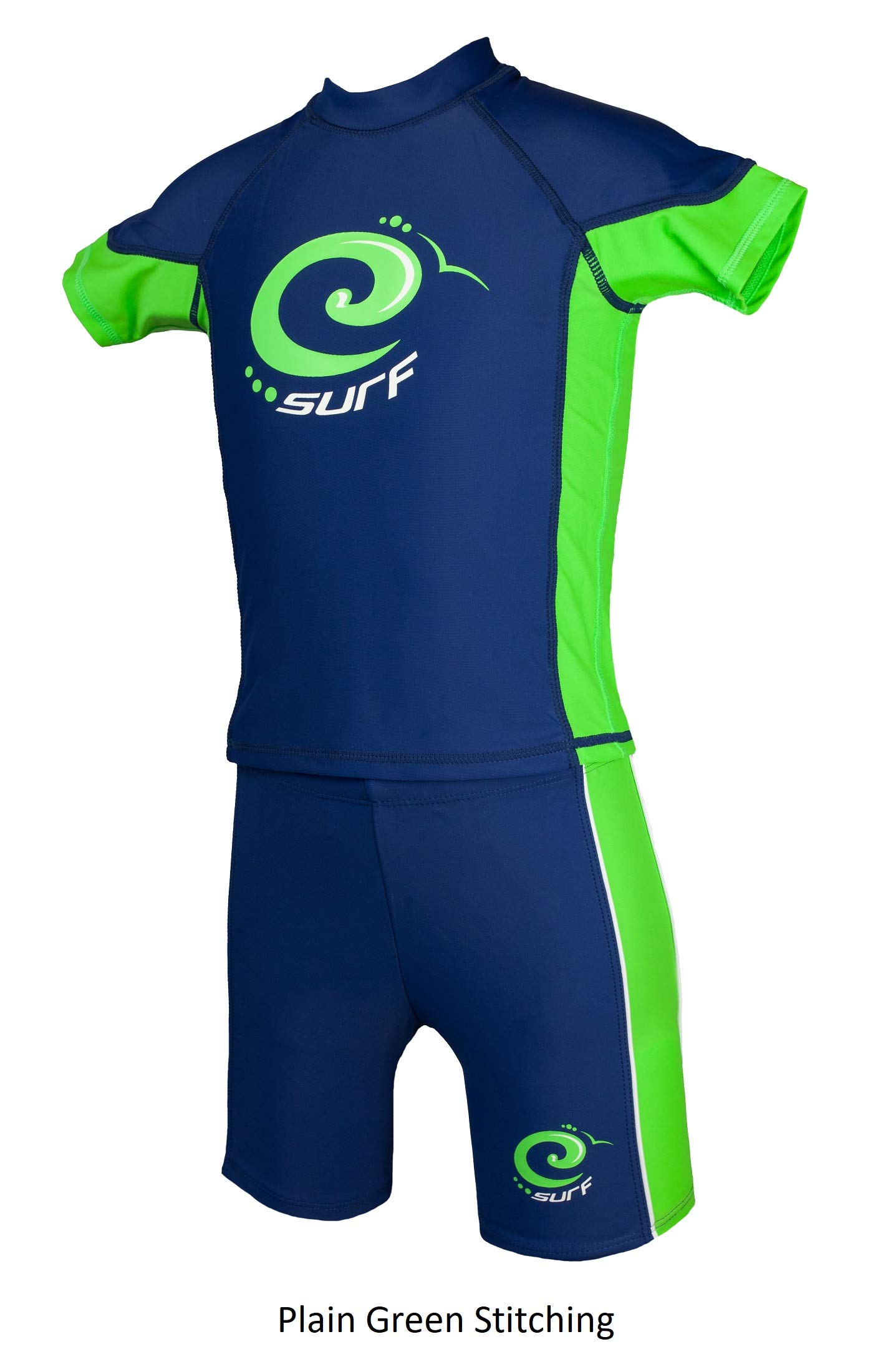 Camiseta de protección solar para niños con protección UV y bañador UPF 50+ azul y verde.