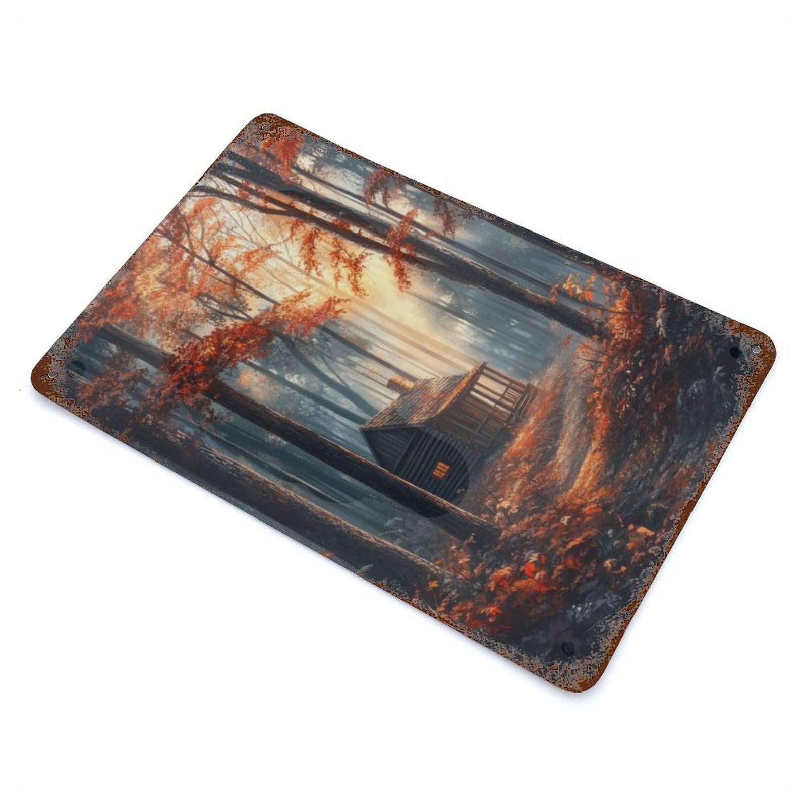 Garage Style Cabin in Autumn Forest Weathered Tin Sign 11.8"x7.9", Classic Wall Plaque for Bar And Workshop