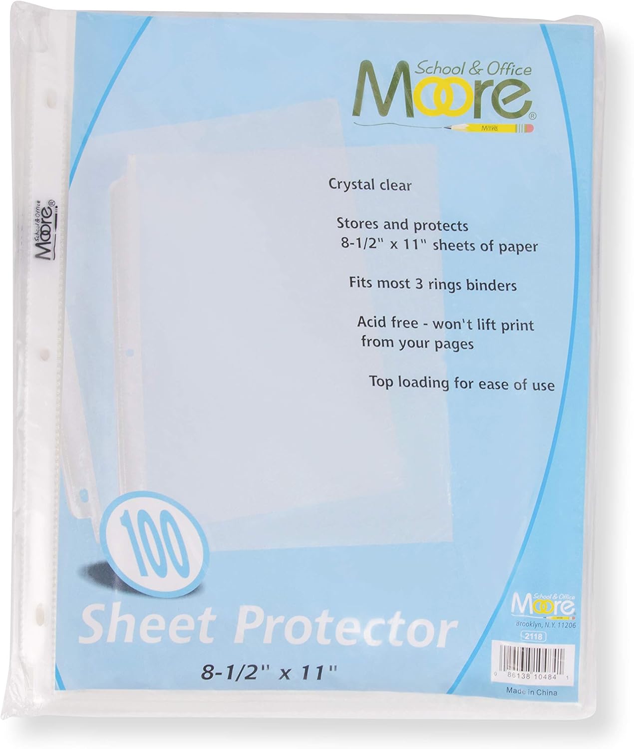 Moore 100 Sheet Protectors, Holds 8.5 x 11 inch Sheets, Clear, Reinforced, Fit Standard 3 Ring Binders, Acid-Free, Archival Safe for Documents and Photos (100 Sheets)