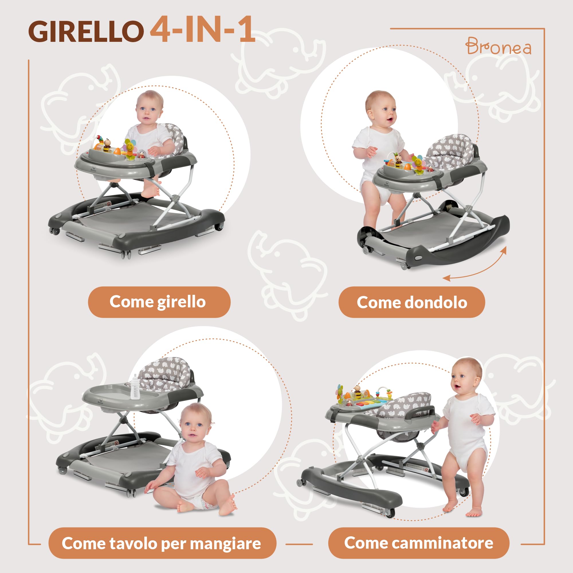 Girello 4-in-1 per Bambini con funzione altalena e pannello di gioco con musica | Regolabile in altezza e pieghevole | Con ruote silenziose e freno