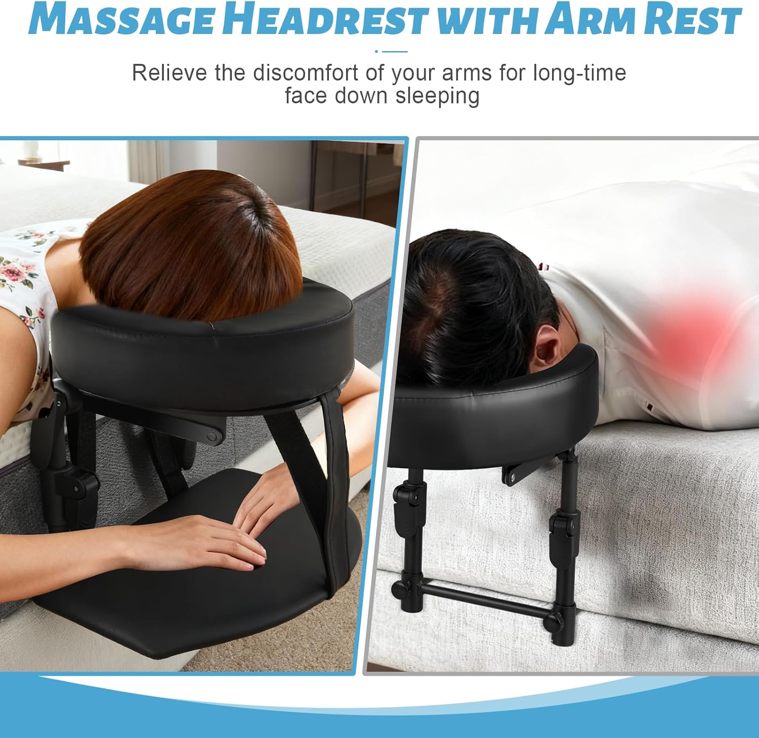 Massage Headrest for Bed, Adjustable Massage Face Cradle at Home, Portable Bed Massage Head Holder, Massage Table Head Rest for Salon Spa, Face Down Pillow After Eye Surgery, Black with Armrest