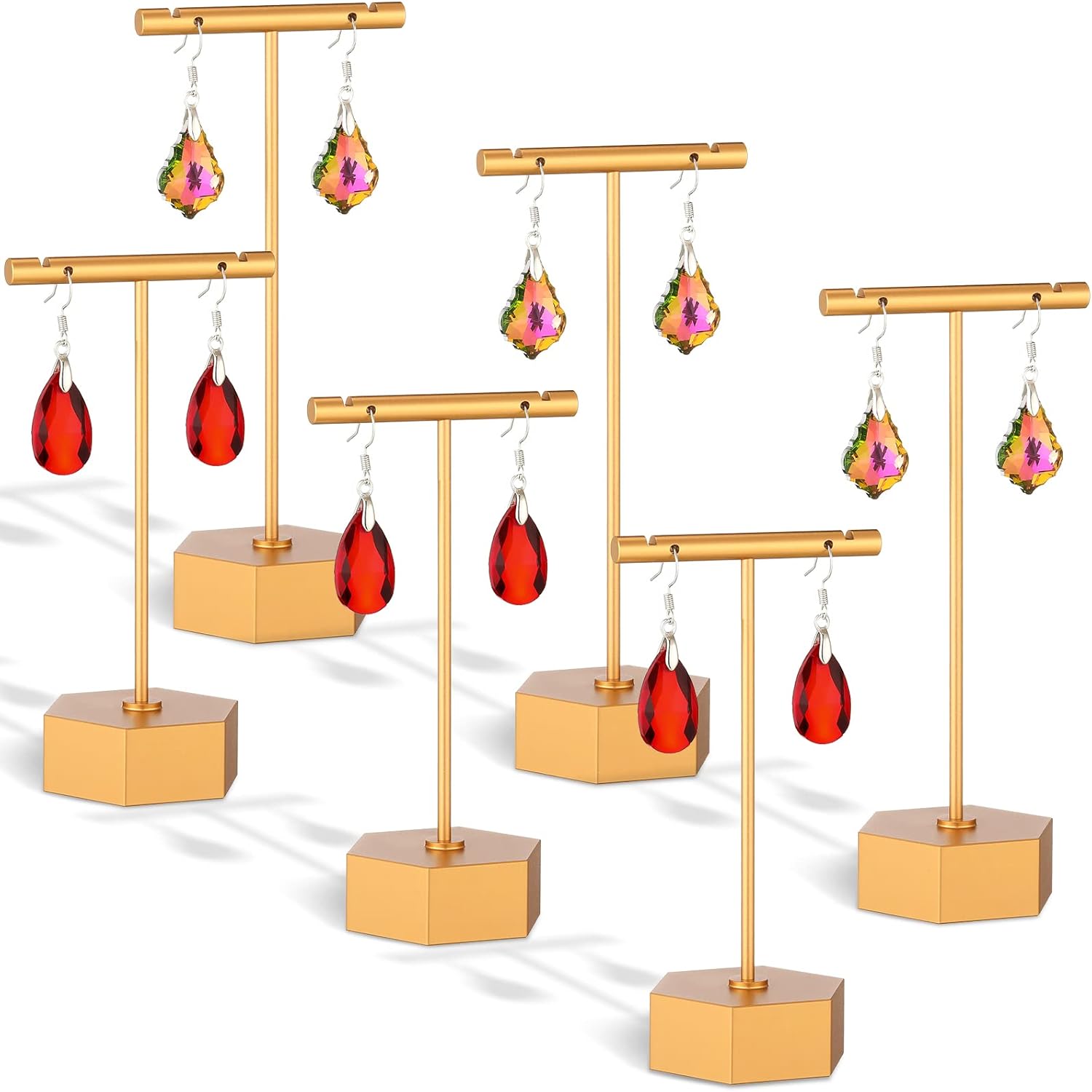 6 Pcs Metal Earring T Bar Stand Retail Earring Display Stand Holder with Hexagon Base Tabletop Jewelry Tower Necklace Organizer for Bangles Bracelets, Hexagon Base 6 Pcs Height 4.5" and 5.3"(Gold)