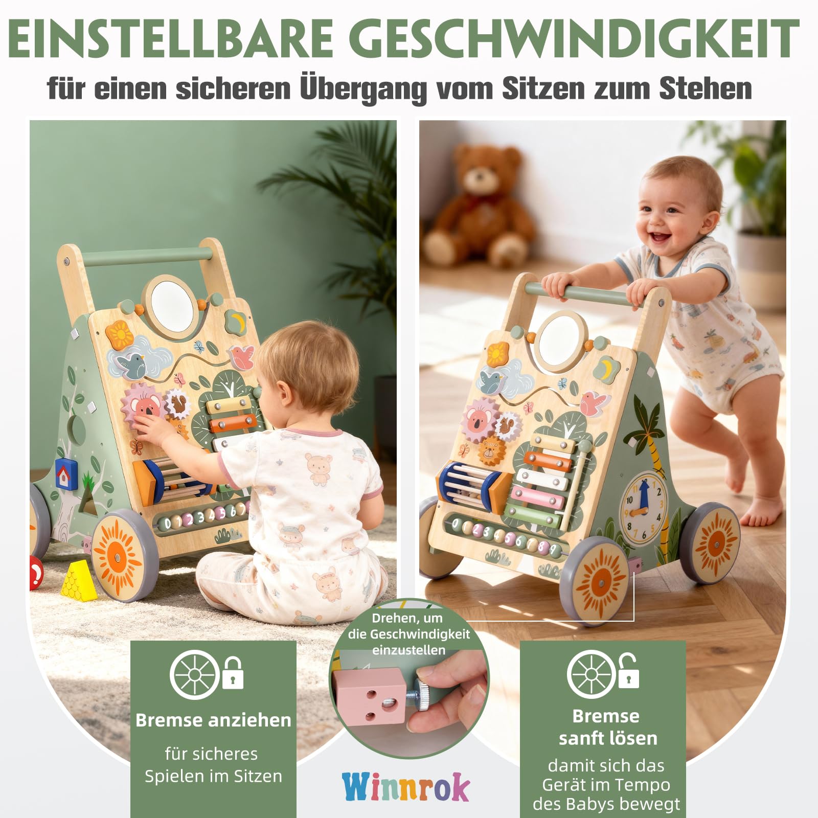 Baby Lauflernwagen Holz, Baby Lauflernhilfe Höhen- und Geschwindigkeitsverstellbar, Montessori Spielzeug ab 1 Jahr, Baby Walker für Jungen und Mädchen, Geschenk zu Weihnachten und Geburtstag