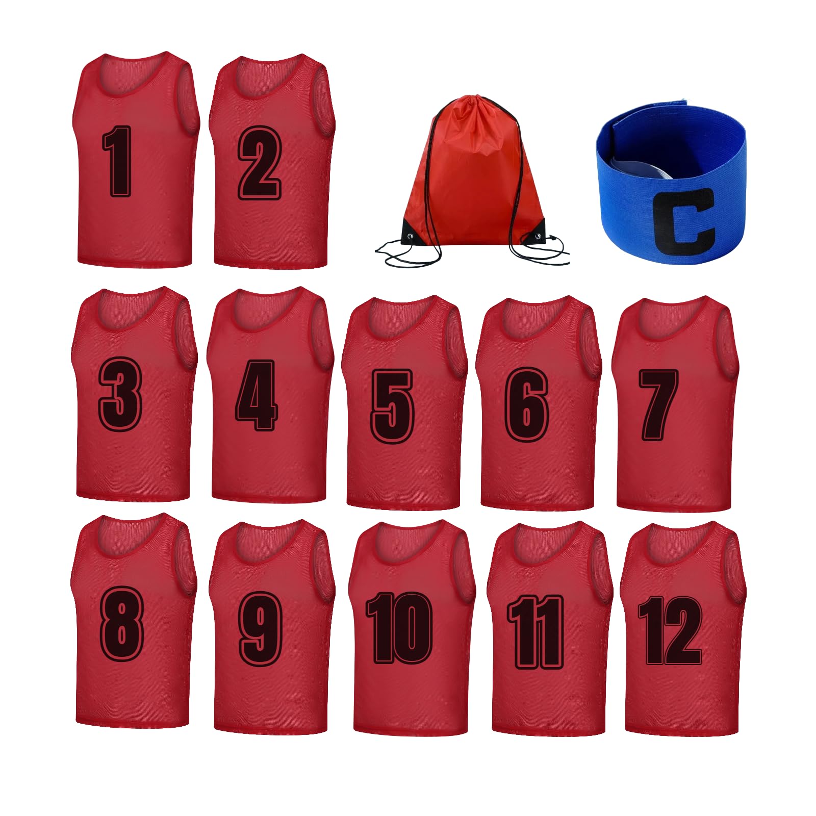 TOEPODO Confezione da 12 bavaglini da calcio per adulti, con borsa portaoggetti e fascia da capitano, XL, rosso