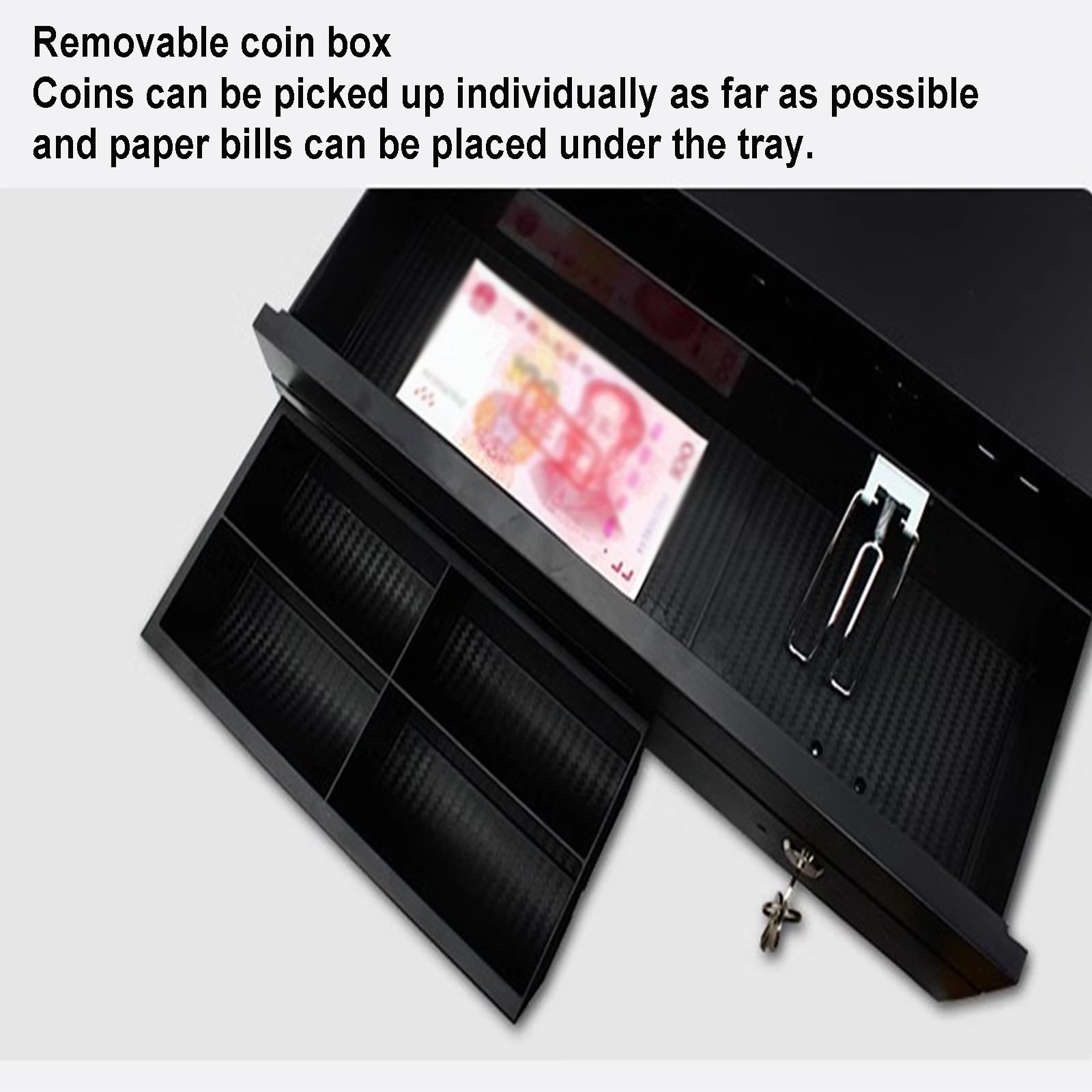 registrazione cassa con chiavi, cassetto cassa, Cassetto portadenaro con inserto for denaro, cassetto portadenaro con apertura a pressione manuale, scomparto portamonete rimovibile for impieghi gravos