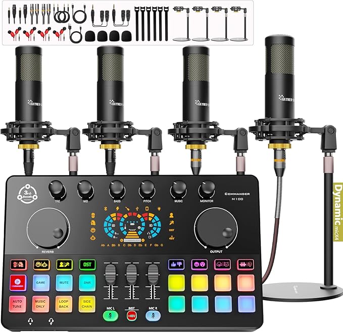 Podcast Equipment Bundle for 4, Audio Interface with 4 Dynamic Microphone, 4 Desktop Mic Stands, Voice Change, DJ Mixer for Vocal Recording Podcasting,Streaming,Singing TikTok, COMMANDER M100 3rd