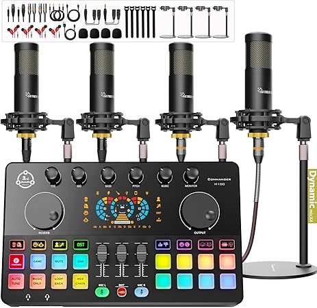 Podcast Equipment Bundle for 4, Audio Interface with 4 Dynamic Microphone, 4 Desktop Mic Stands, Voice Change, DJ Mixer for Vocal Recording Podcasting,Streaming,Singing TikTok, COMMANDER M100 3rd
