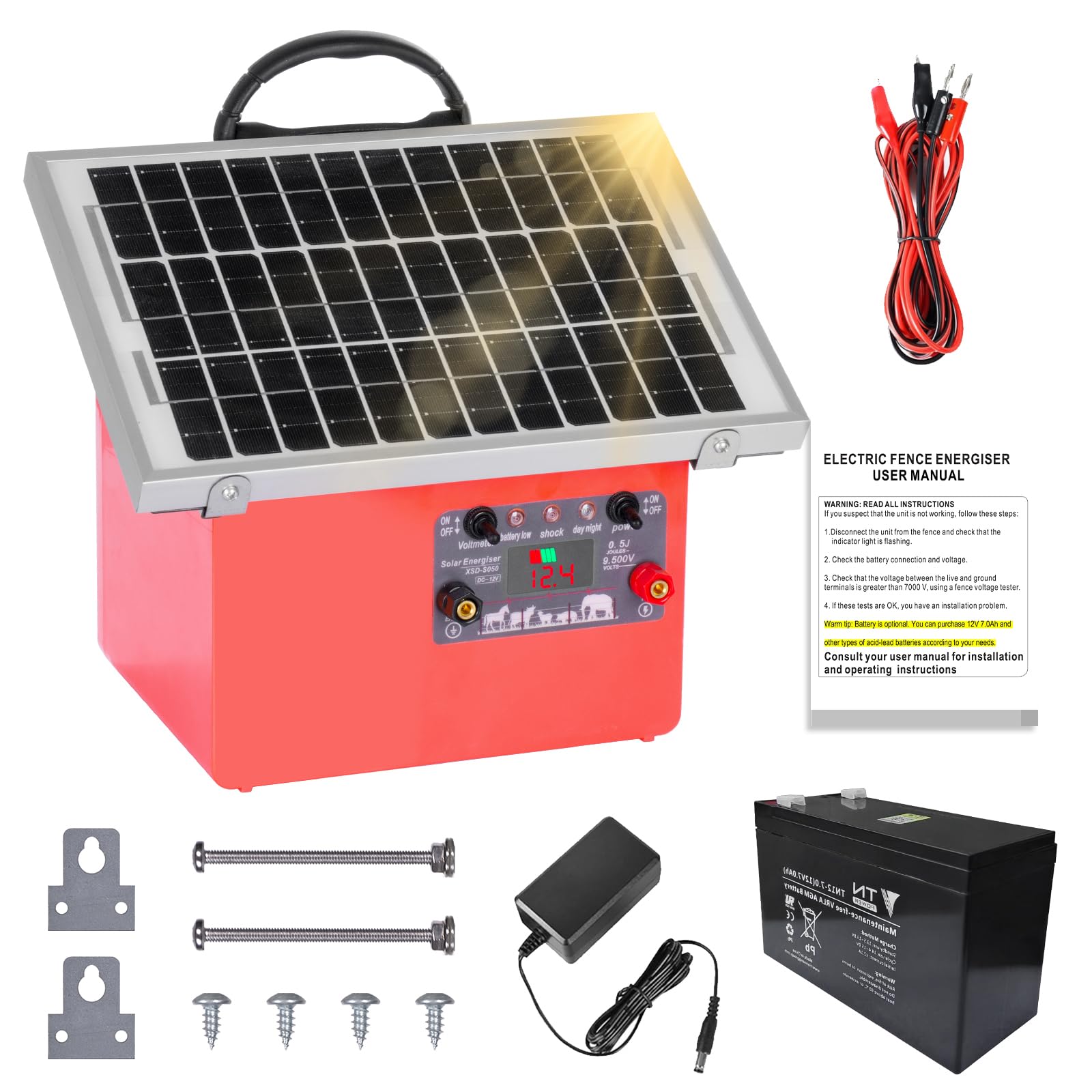32KM cloture electrique solaire, 9,5 kV Berger électrique Contrôleur pour chevaux, 0,5 J Clôture électrique pour élevage d'animaux de berger, pour ferme, pâturage, jardin (Red)
