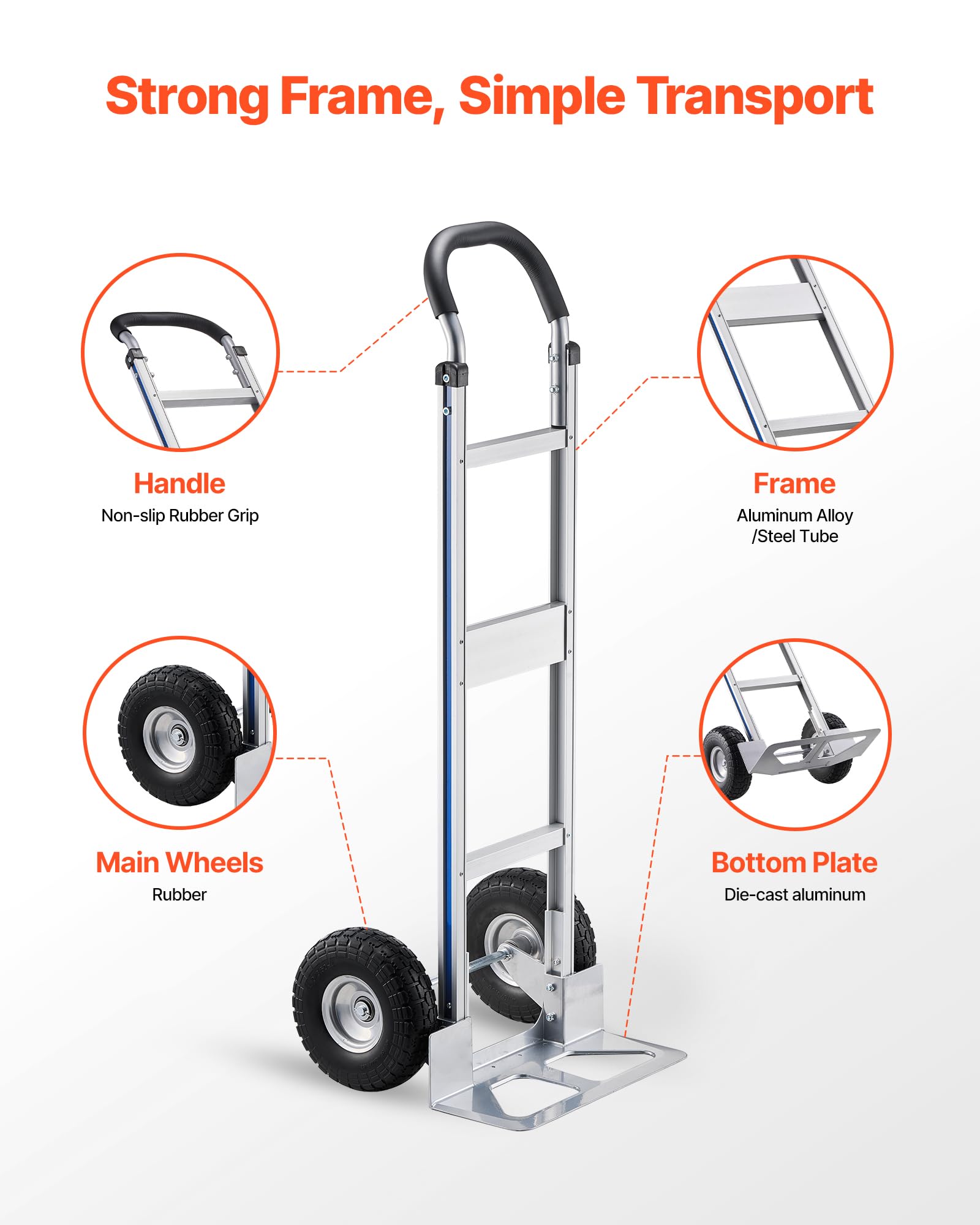 VEVOR Carretilla de Mano, Capacidad de Carga de 227 kg, Resistente, con Asa, de Aleación de Aluminio y Correa de Amarre, Apilable para Mudanzas, Oficinas y Almacenes, 480 x 500 x 1340 mm, Plata