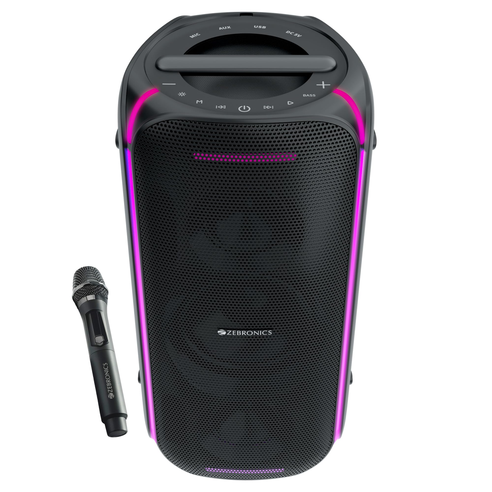 Zebronics Portable Bluetooth Speaker, 90W, Upto 6 Hours Playback, Dual Full-Range Drivers, Karaoke, TWS, BT v5.3, USB, AUX, RGB, Deep Bass, Wireless Mic with Display, Type-C Charge (Party Fyre 100)-image-29