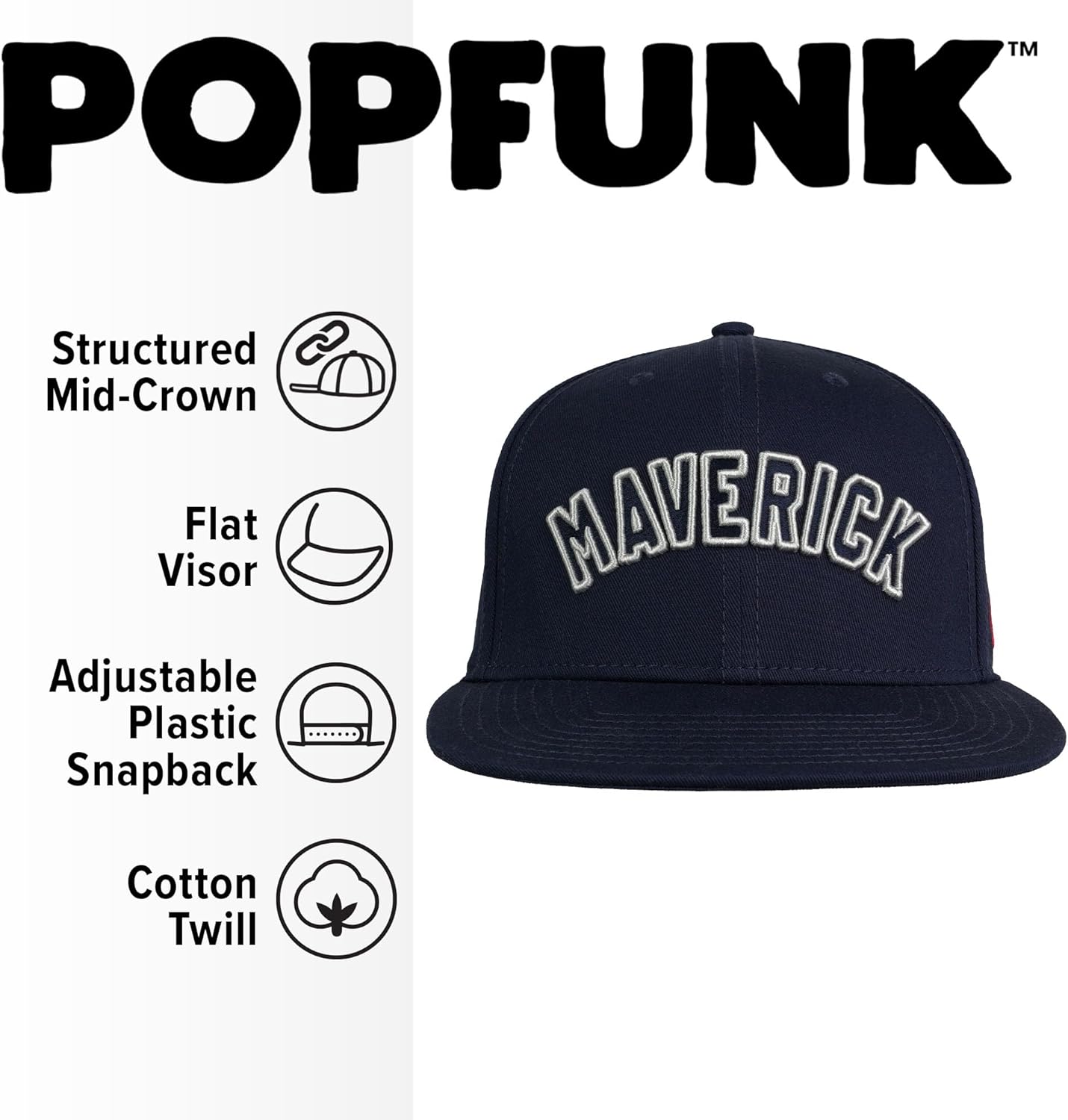 Popfunk Official Top Gun Arc Adjustable Snapback 6 Panel Flat Brimmed Hat - Unisex for Men and Women