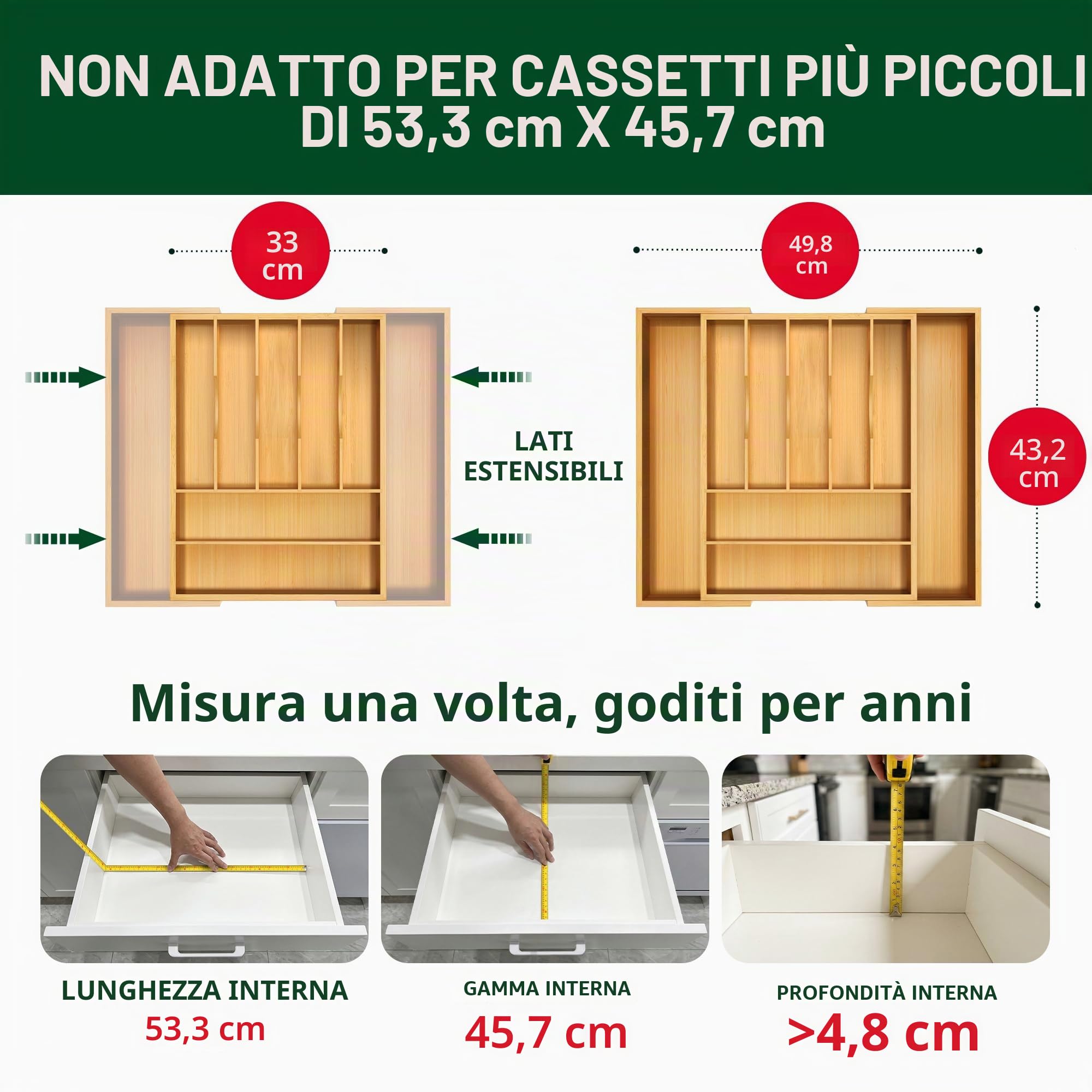 ROYAL CRAFT WOOD Organizer per Cassetti da Cucina in Bambù, di Lusso, per Posate e Utensili, Con Divisori Scanalati (9 Scomparti, Naturale)