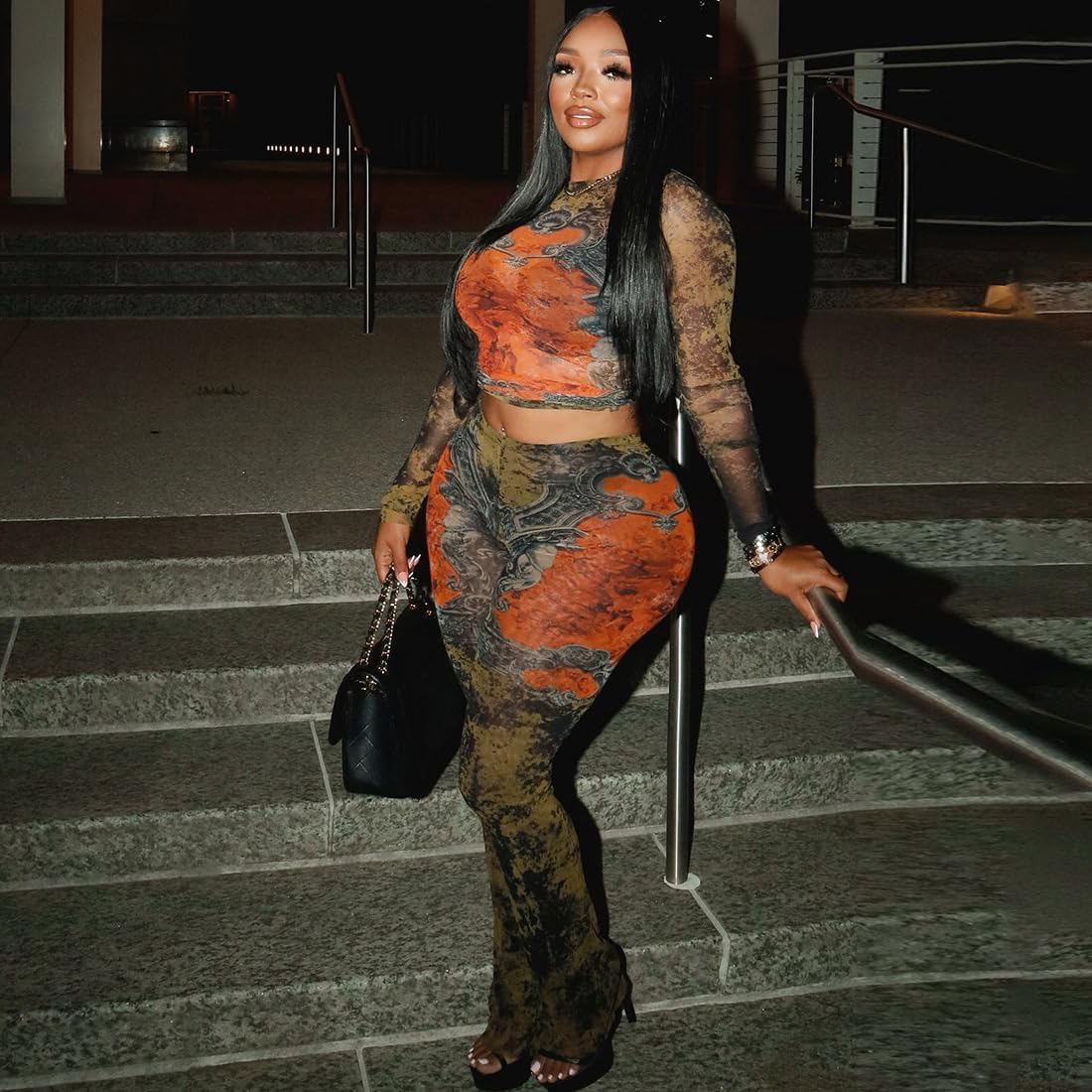 Women's Sexy Two Piece Set Fashion Print Long Sleeve Round Neck Tops Bodycon Pants See Through Clubwear Outfits - Image 4