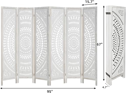 Miniatura 4 de ECOMEX Divisores de habitación de madera de 3 paneles totalmente montados de 5.6 pies tallados y pantallas plegables, pantalla divisora de madera
