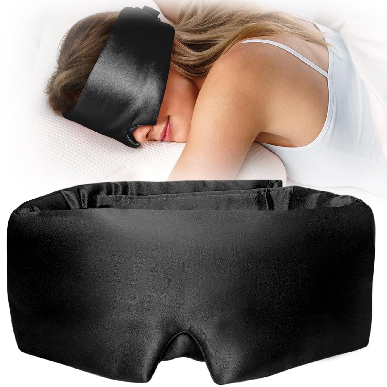YFONG 100% Mulberry Silk Sleep Mask, Total Blackout Eye Mask for Women & Men, 22 Momme 6A Grade Silk with Adjustable Band Designed for Side Sleeper Black