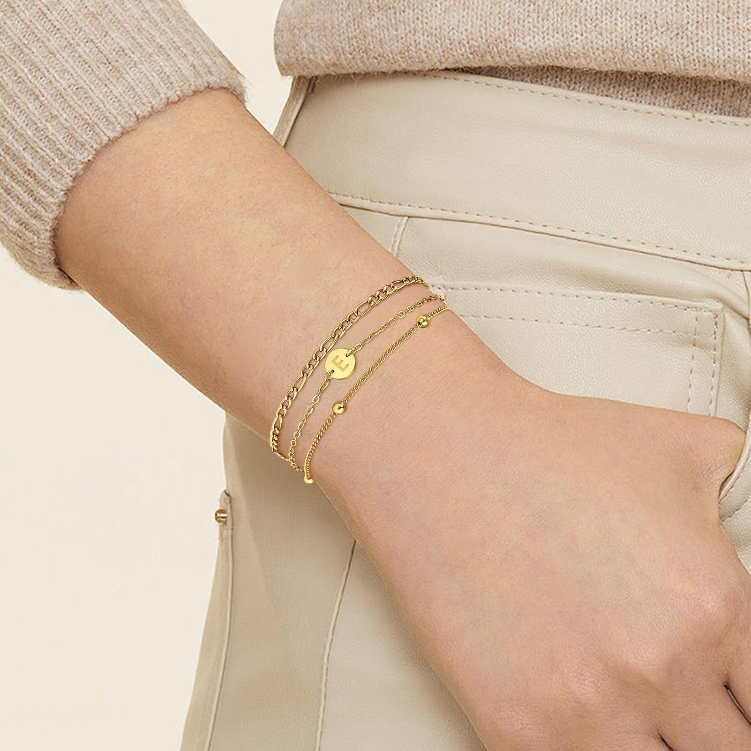 Valentines Day Gifts - 18K Gold Plated Initial Bracelets for Women - Stainless Steel Layered Letter Charm Bracelet A to Z - Gold Jewelry Christmas Birthday Gifts - Image 3