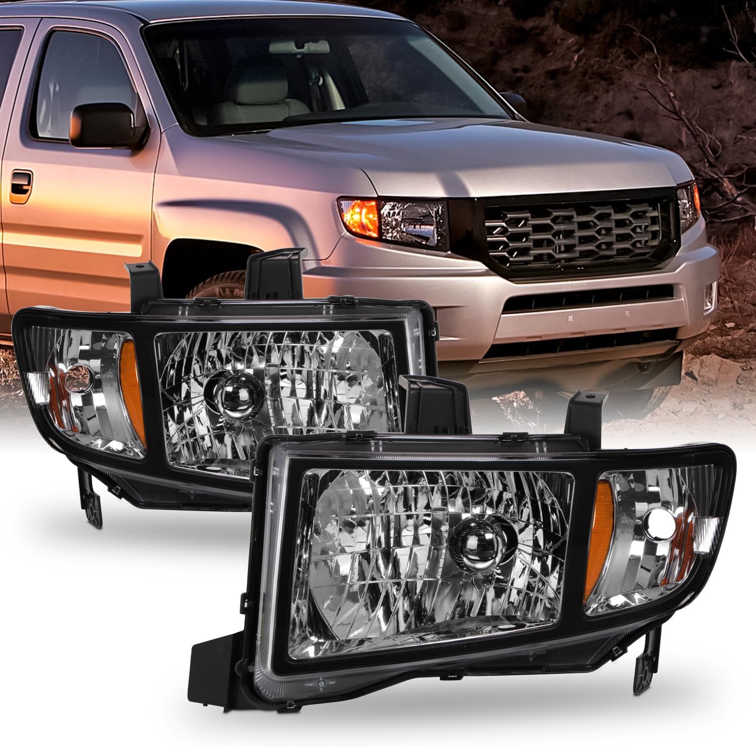 AKKON - For Honda Ridgeline OE Replacement Black Bezel Headlights Driver/Passenger Head Lamps Pair New