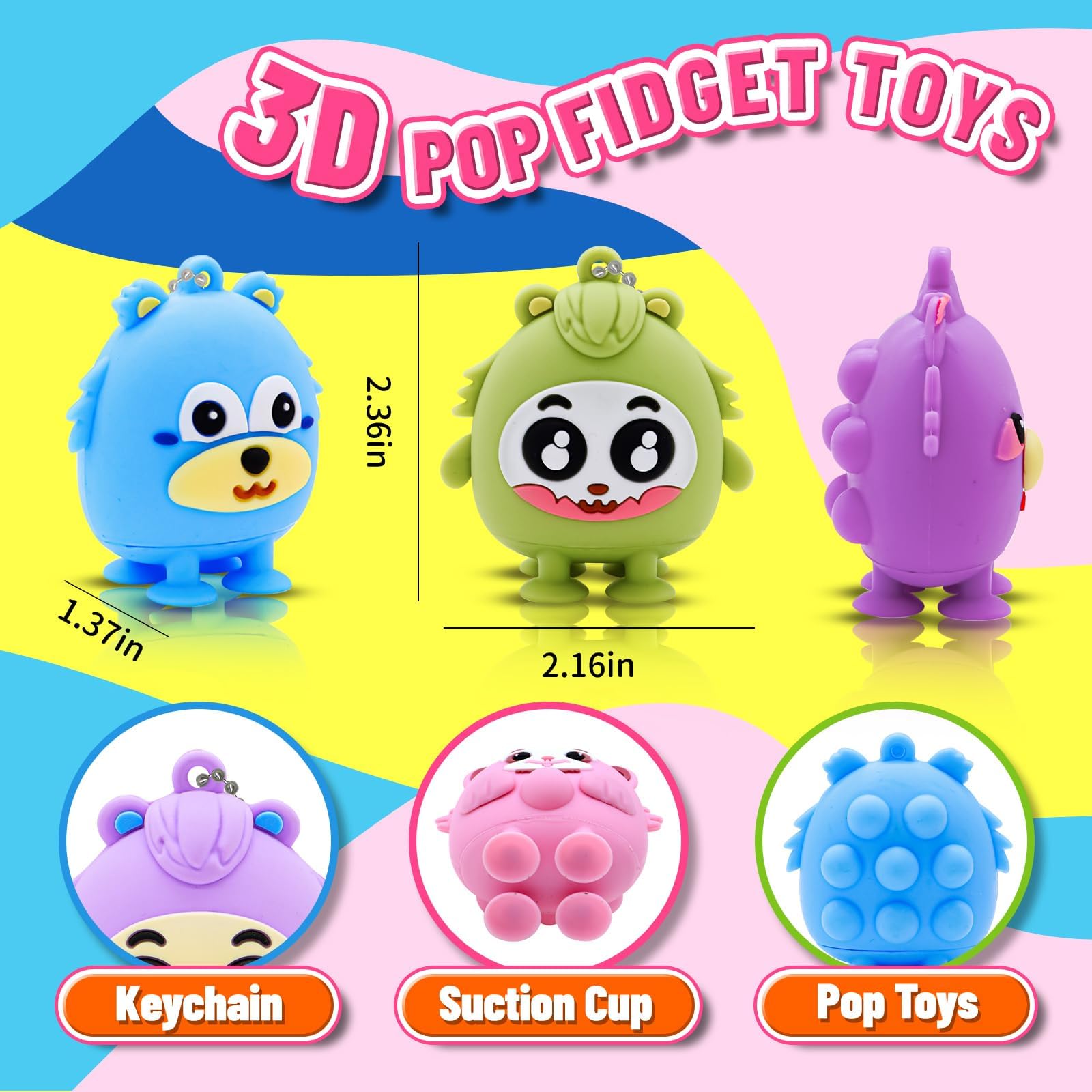 12 Pack 3D Animal Pop Toys Party Favors for Kids, 3D Animal Pop Fidget Toys, Goodie Bags Stuffers for Kid, Treasure Box Toy Prizes for Classroom, Pinata Stuffers, Silicone Suction Toy Gifts