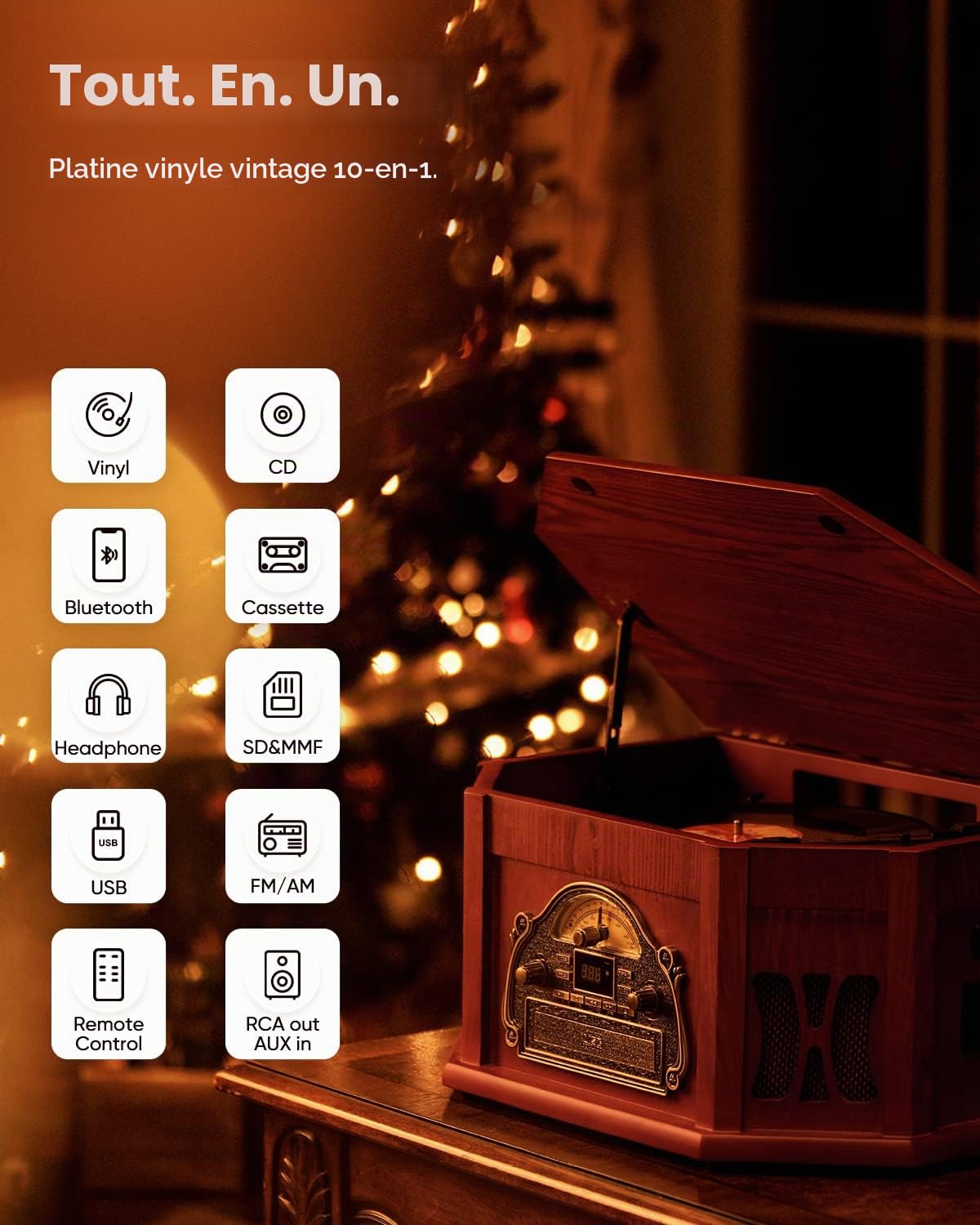 10-in-1 Wood Classic Turntable Stereo System with Bluetooth Connection, Vinyl Record Player, AM/FM, CD, Cassette, USB, SD Slot. 2 Built-in Speakers, Remote Control, MP3 Player