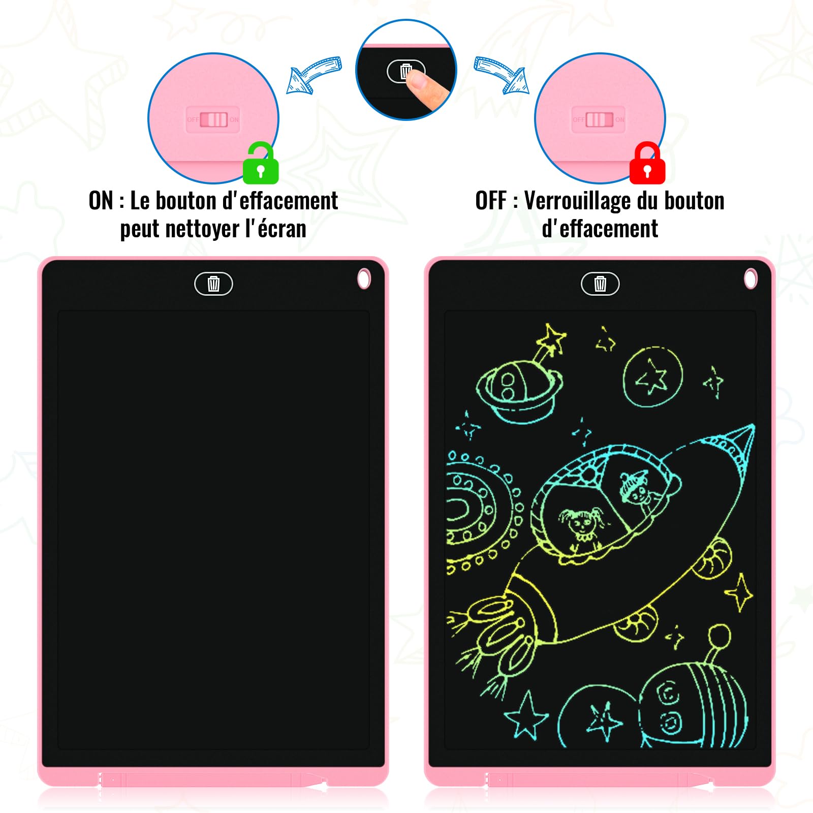 Electight Tablette Dessin Enfants 12 Pouces LCD Colorée avec Bouton Effacement Verrouillage Bleu Rose Violet
