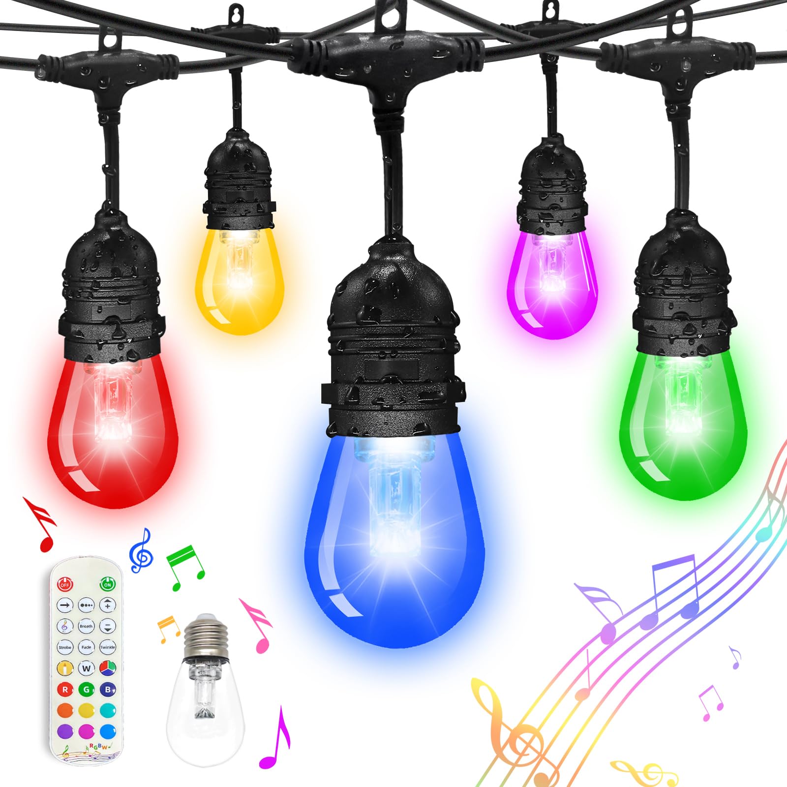 Fmix Outdoor String Lights,48FTS RGB Lights Weatherproof Shatterproof Music Auto Flash Color Changing Strand Connectable Remote Control Hanging Light for Patio Cafe Balcony Garden(Black 48FTS)