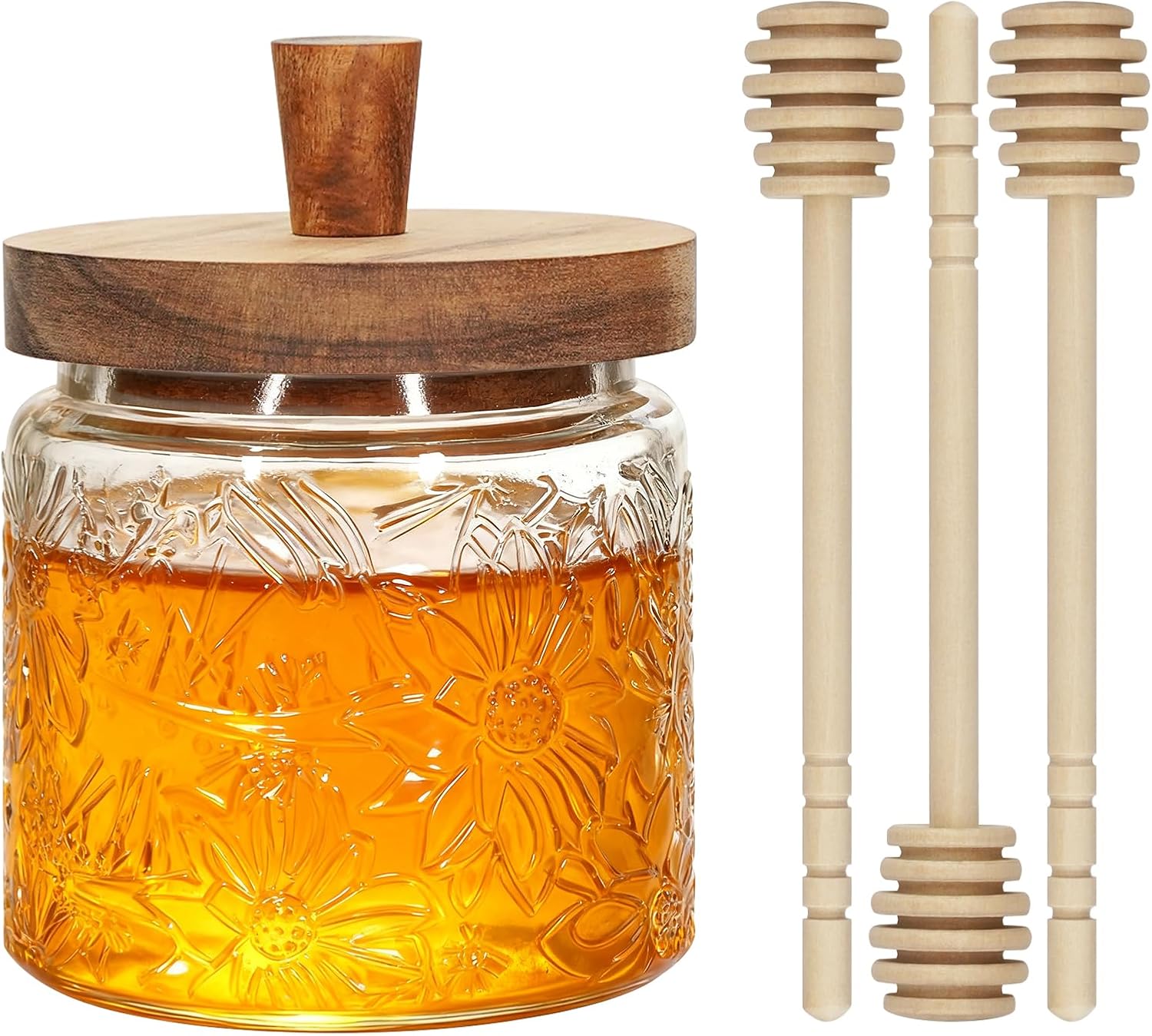 17oz Honey Jar with 3 Wooden Dippers,Pot Container Dispenser,Clear Glass Honey Container for Home Kitchen,Store Honey and Syrup,Easy to Clean (Gardenly)