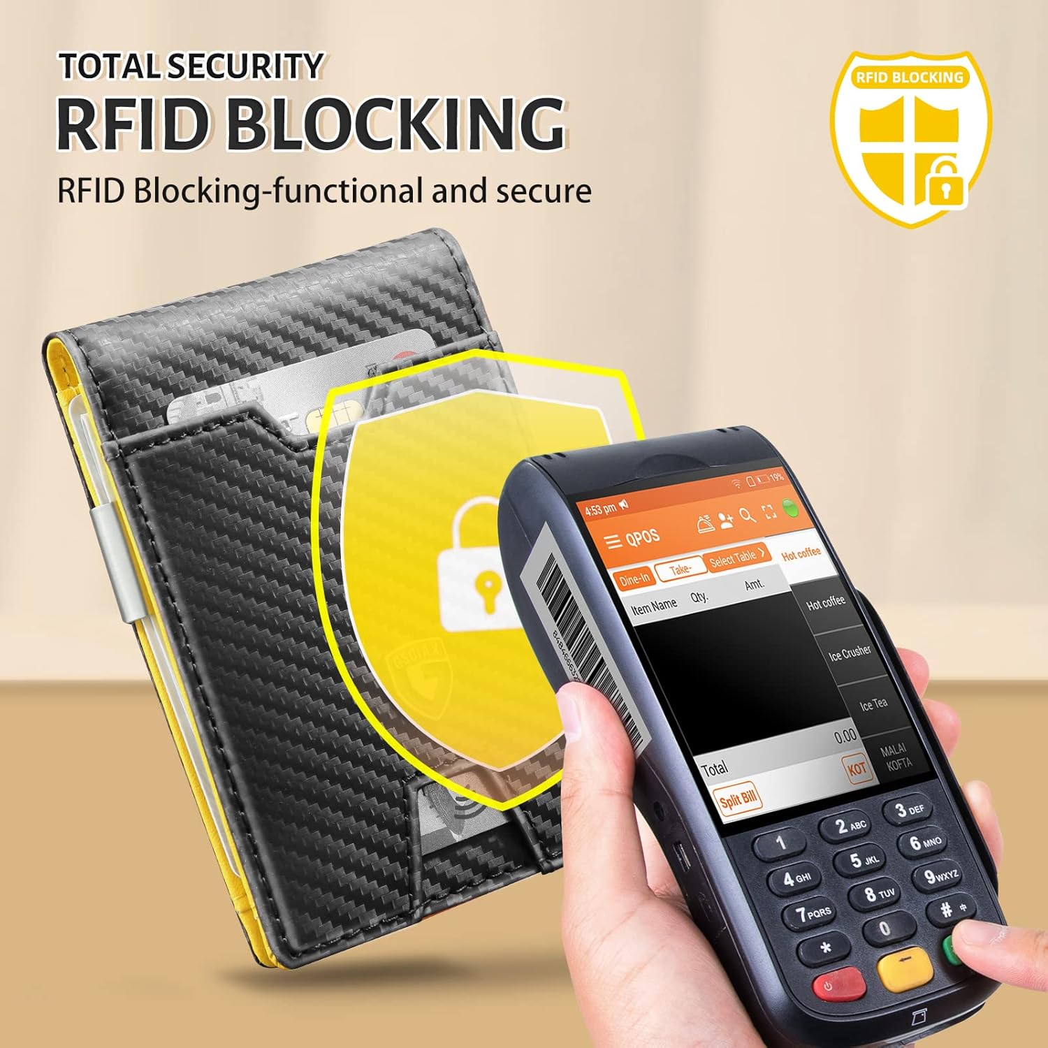 GSOIAX Men's Slim RFID Blocking Leather Wallet with Money Clip Minimalist Carbon Fiber Bifold Credit Card Holder 11 Card Slots Gift Box Included(Carbon Yellow) - Image 4