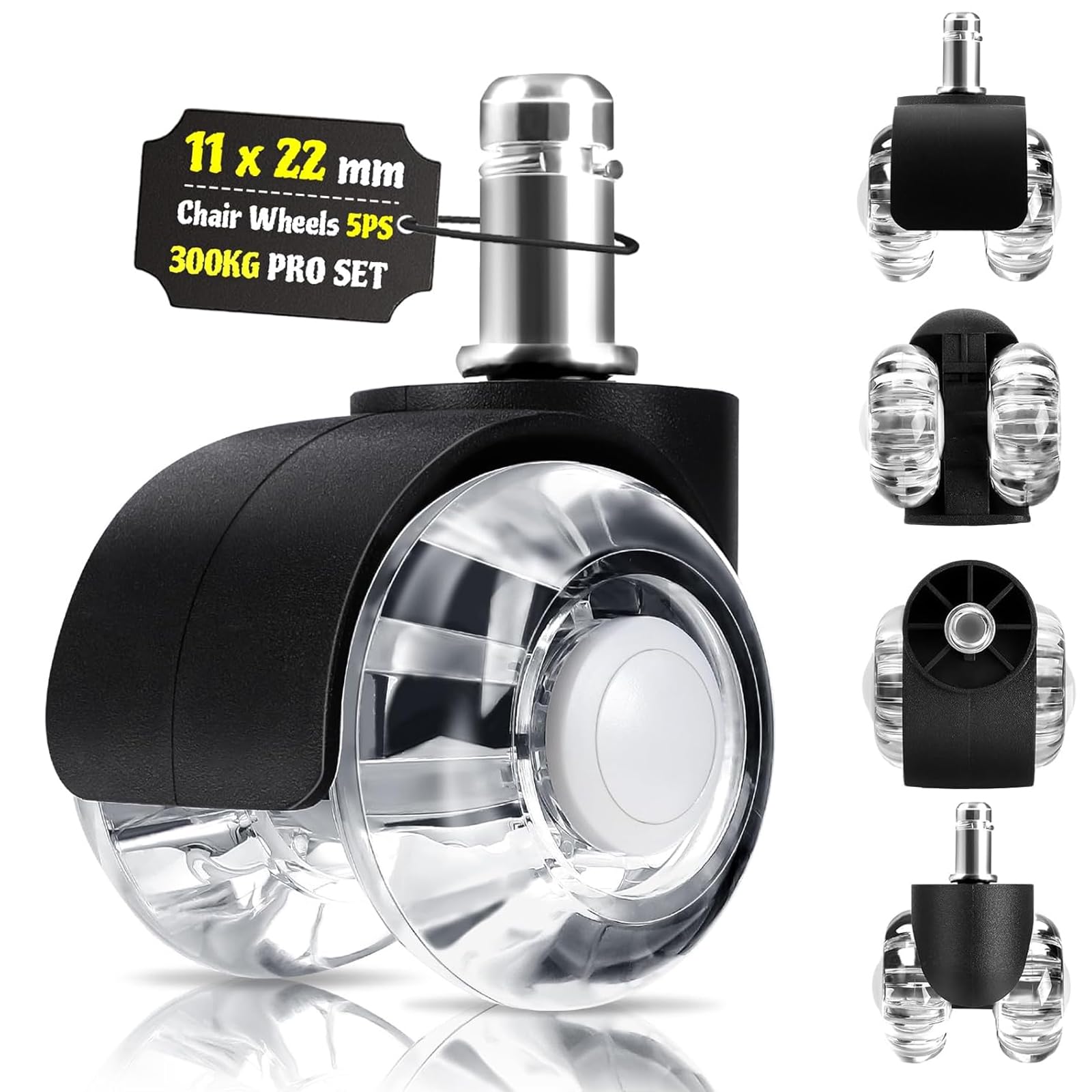 LUZOON Office Chair Casters, 11 x 22 mm 5 Pcs Wheels for Office Chair, 360 Degrees, Scratch-Free Rotation, for Parquet, Carpet, Laminate and Tiles, Quiet, Safe, Durable