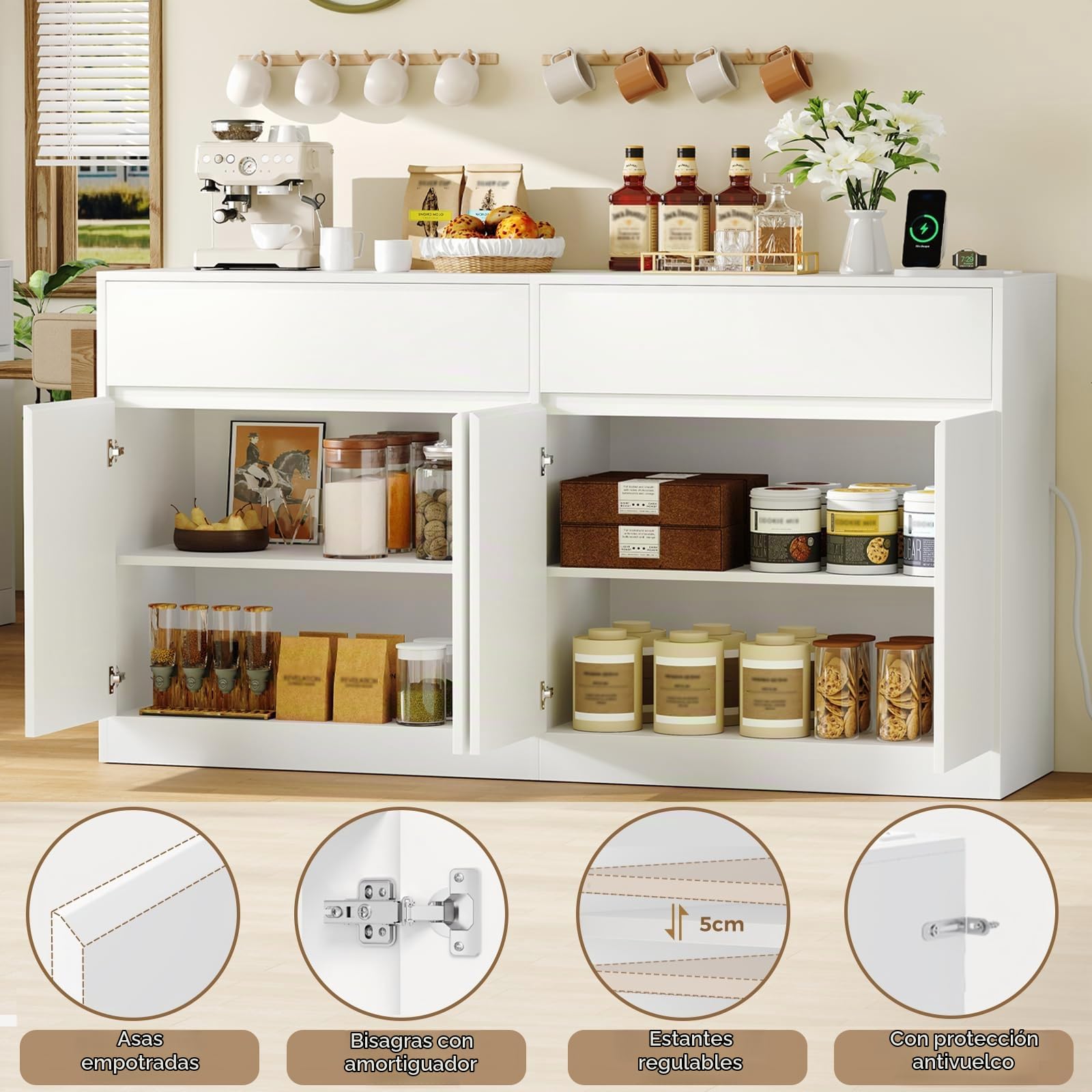 BEWISHOME Aparador Cocina, Aparadores para Salon con Toma de Corriente | 140x80x40cm mueble auxiliar de cocina, mueble cocina con 4 Puertas 2 Cajones y Estante Regulable para Salón Comedor Blanco