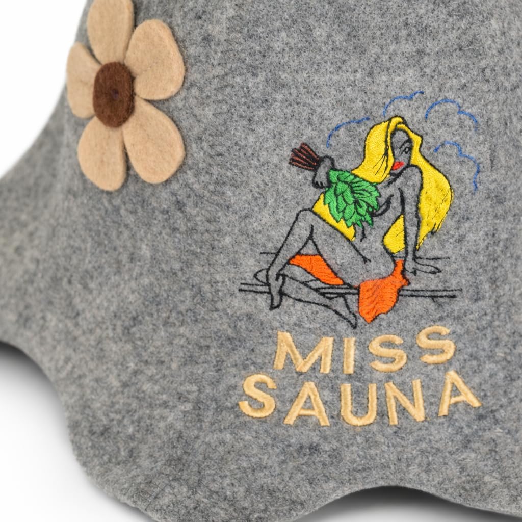 Sauna Hat 'Miss Sauna Flower' Grey - 100% Organic Wool Felt Hats for Russian Banya - Protect Your Head from Heat - Sauna eBook Guide Included - with Embroidery