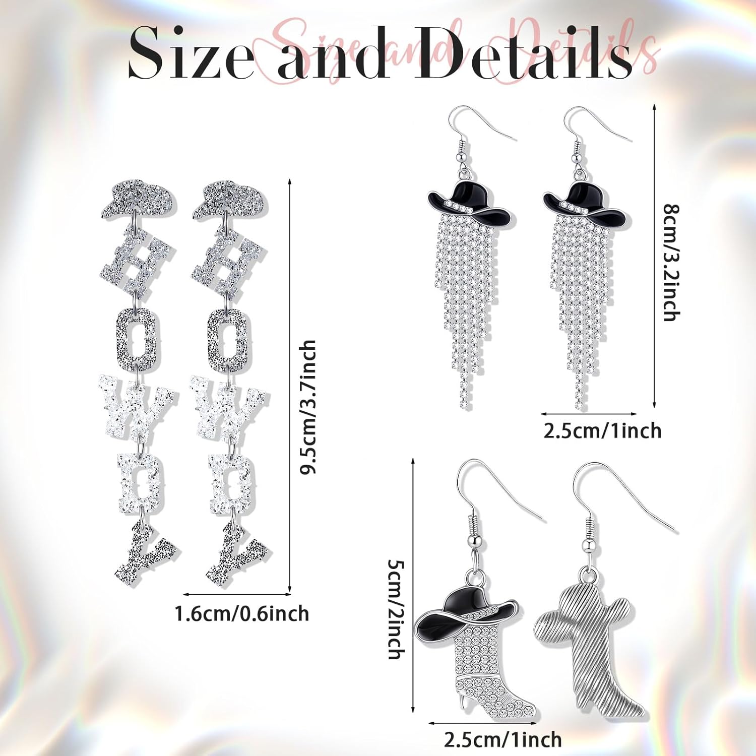 Quelay 3 Sets Cowgirl Earrings for Women Western Cowboy Hat Earring Silver Glitter Boot Drop Dangle Cowgirl Outfit Accessories for Women Country Concert Party Jewelry Gifts - Image 4