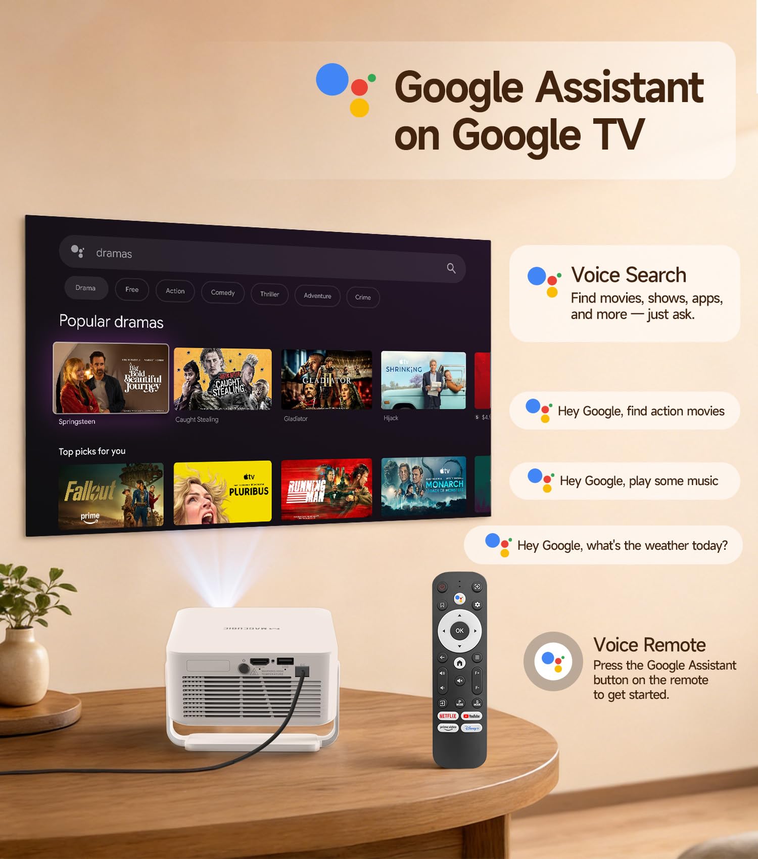 Proyector Portátil 【Google TV/Official Apps】 Mini Proyector 4k 1080P Full HD Soporte 200ANSI 8000L, Videoproyector WiFi 5G BT 5.4, Cine Projector 180 ° Se Puede Girar para TV Stick