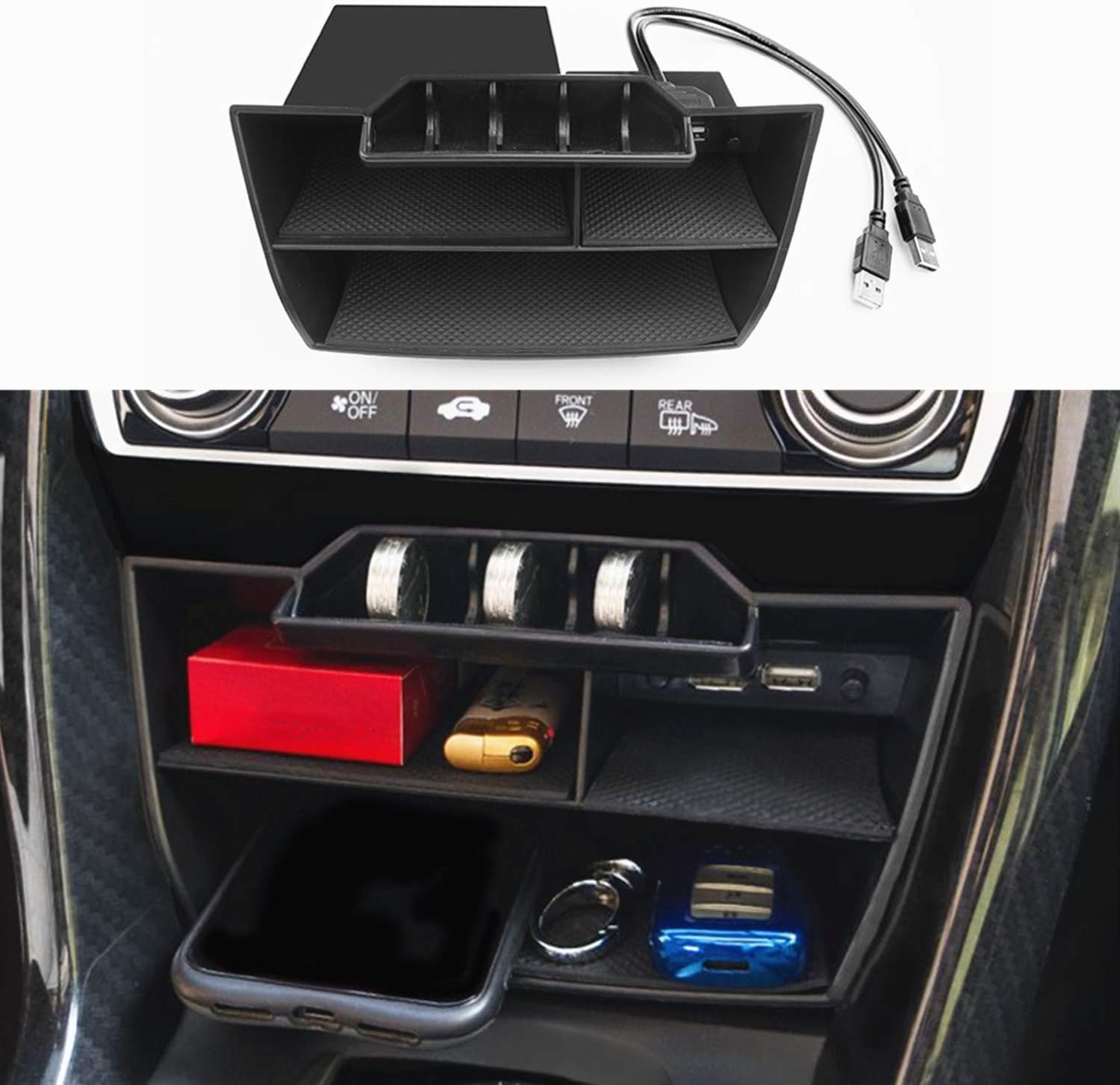 JOJOMARK Waterproof ABS Plastic Caddy for Honda Civic Sedan 10th Gen Central Console Box Coins Trays Organizer with USB Extension Cable - Fits 2016-2021