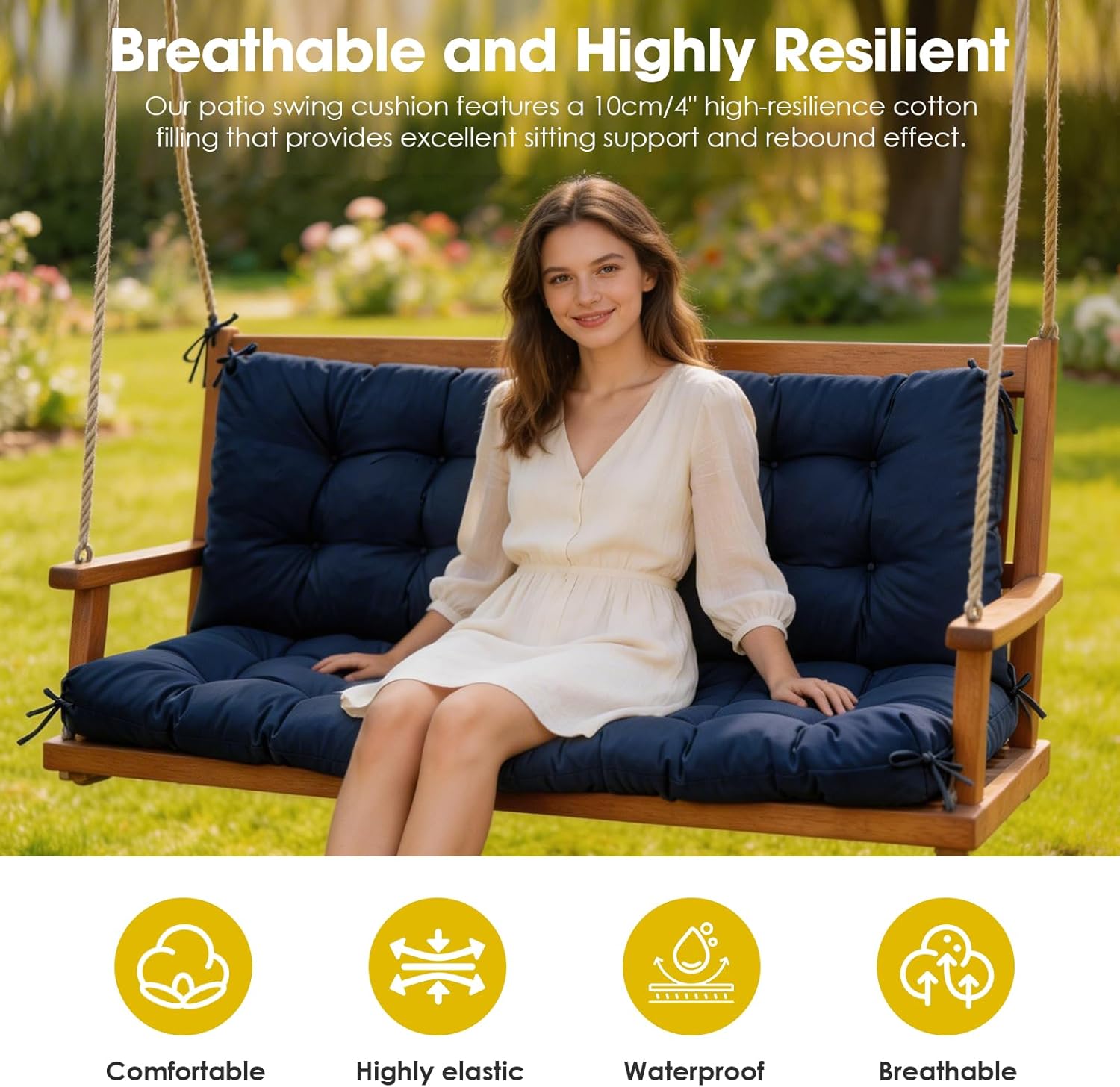 Porch Swing Cushions,Waterproof Bench Cushion for Outdoor Furniture,2-3 Seater Replacement Thickened Swing Cushion with Ties,Patio,Outdoor,Backyard and Garden（60x40,Navy Blue