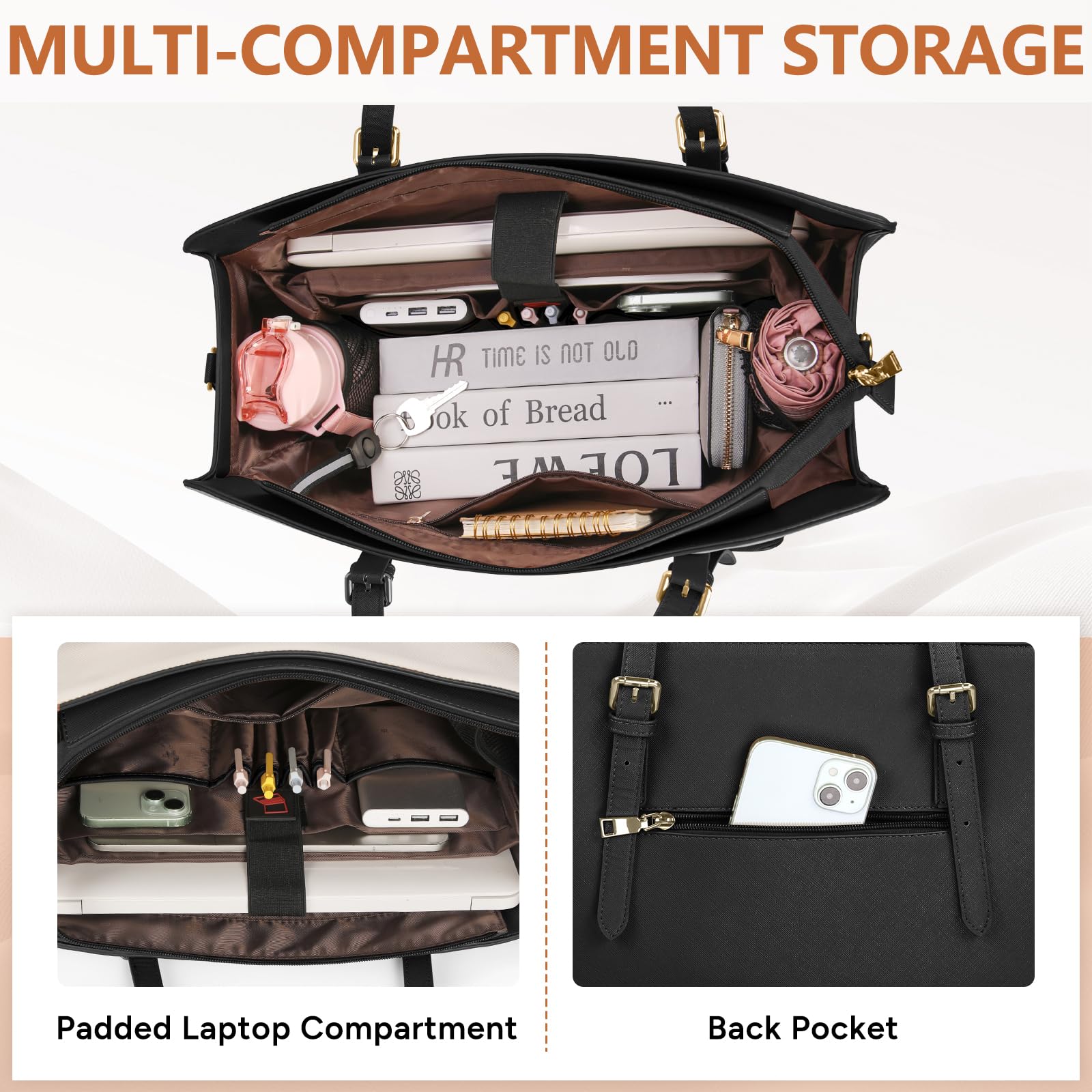 RAINSMORE Laptop Bags for Women with Insulated Lunch Compartment Work Tote Bag 15.6 inch Large Laptop Handbag PU Leather for Office Business College — view 5