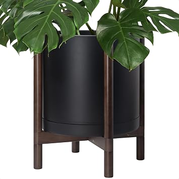 Dvine Dev Planter Pot with Stand - 16 Inch Plastic Cylinder Flower Pot with Wood Planter Holder for Indoor, Matte Black Pot + Walnut Color Stand, 55-C-X-2