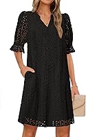 MEROKEETY Women's Eyelet Lace V-Neck Mini Dress - Short Sleeve Ruffle Hollow Out Summer Shift Dress with Pockets