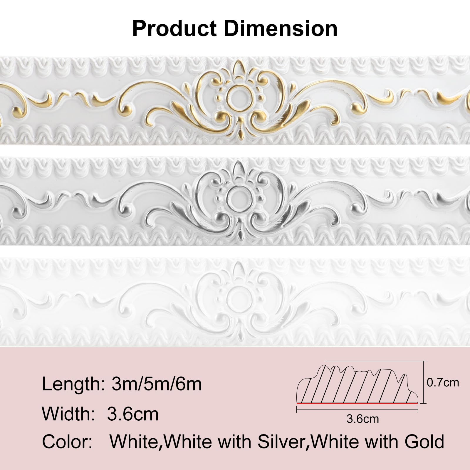 600cm*3.6cm 3D Molduras Decorativas para Pared, Autoadhesiva para Pared para Bordes de Espejos, Muebles, Marcos de Puertas, Techos, Decoración Del Hogar(Blanco con Oro)