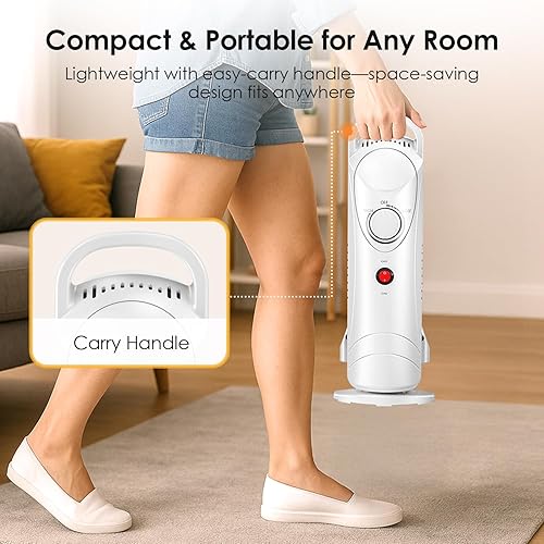 Miniatura 6 de Air Choice Calentador de radiador relleno de aceite de 700 W, calentadores de aceite para uso en interiores con termostato ajustable y 2 ajustes de