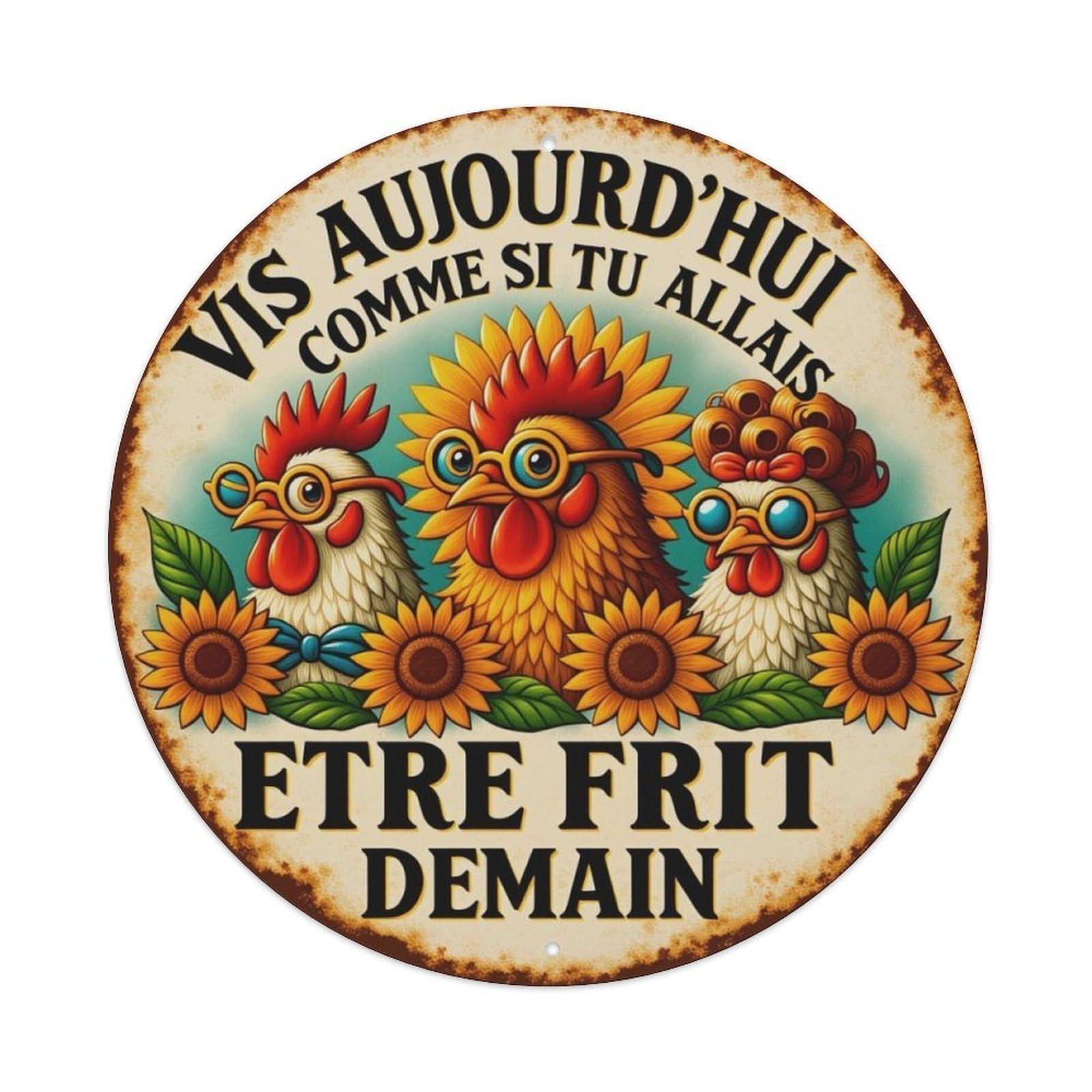 French Funny Glasses Rooster Sunflower Farm Round Wall Sign Vintage Aluminium Metal Sign, Retro Wall Decor for Home, Bar, Garage & Farmhouse 20x20cm