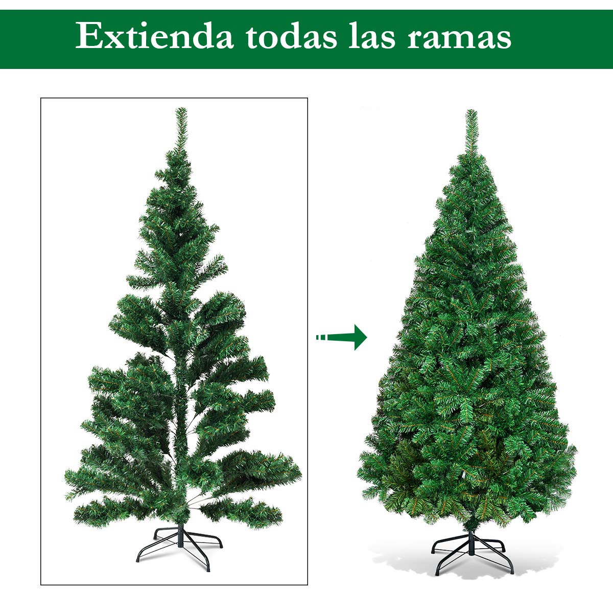 COSTWAY 210 cm Árbol de Navidad Artificial, Arbol de Navidad Verde con Base Metálica, Árbol Artificial de PVC con 950 Ramas, Decoración Navideña para Interiores Fácil de Montar